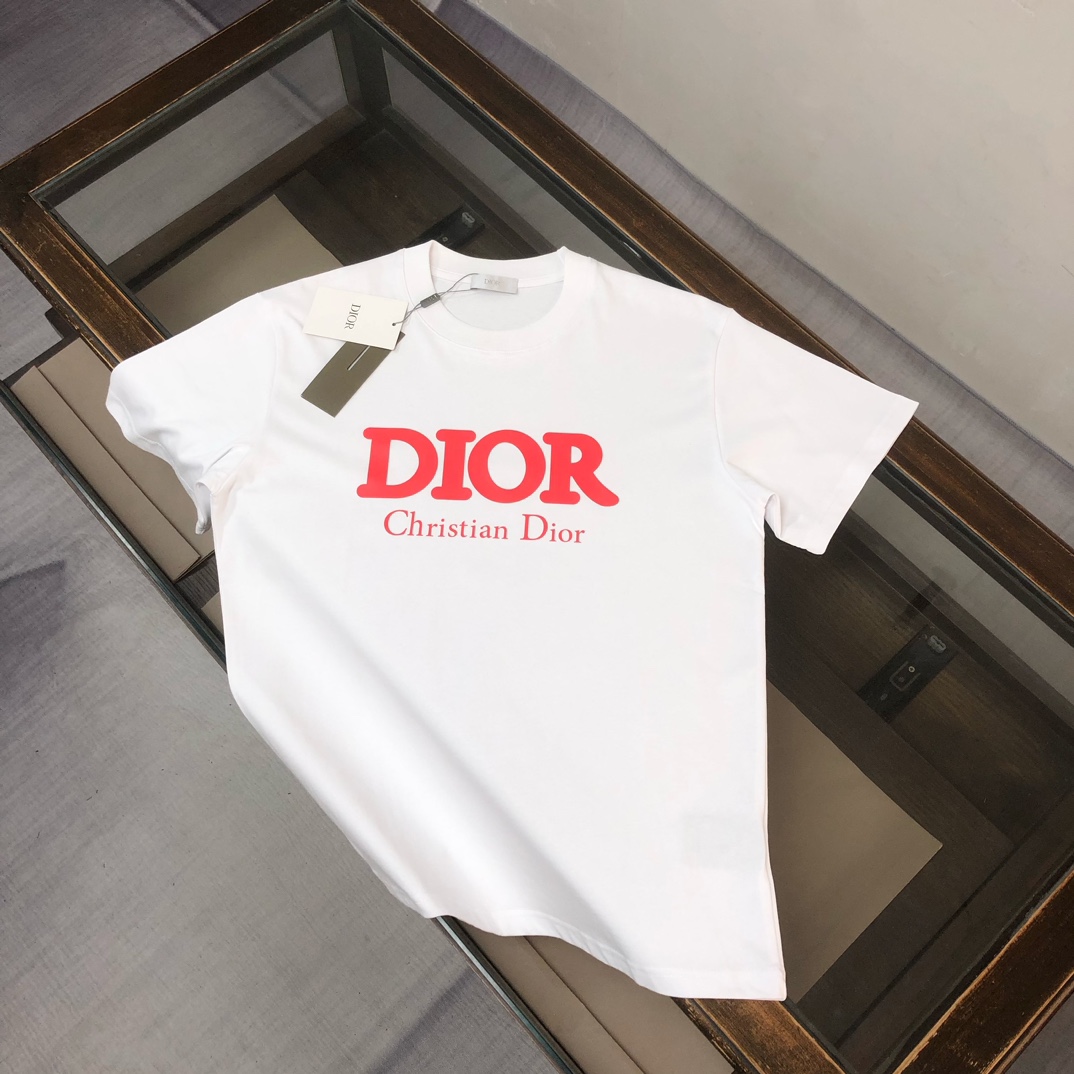 原單Dior迪奧白色短袖T恤 紅色Christian Dior字母Logo男裝