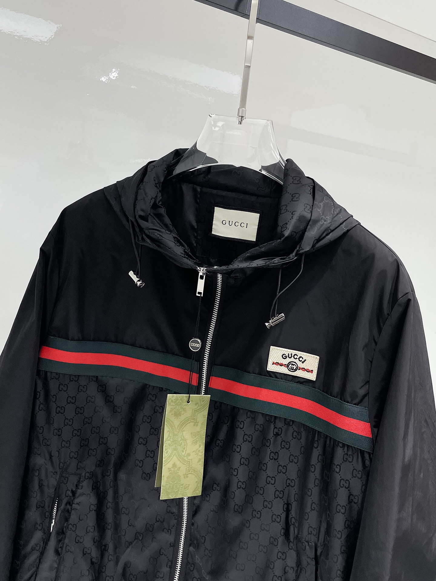 GUCCI 復刻拼接外套 男士紅綠條紋雙G連帽拉鍊夾克