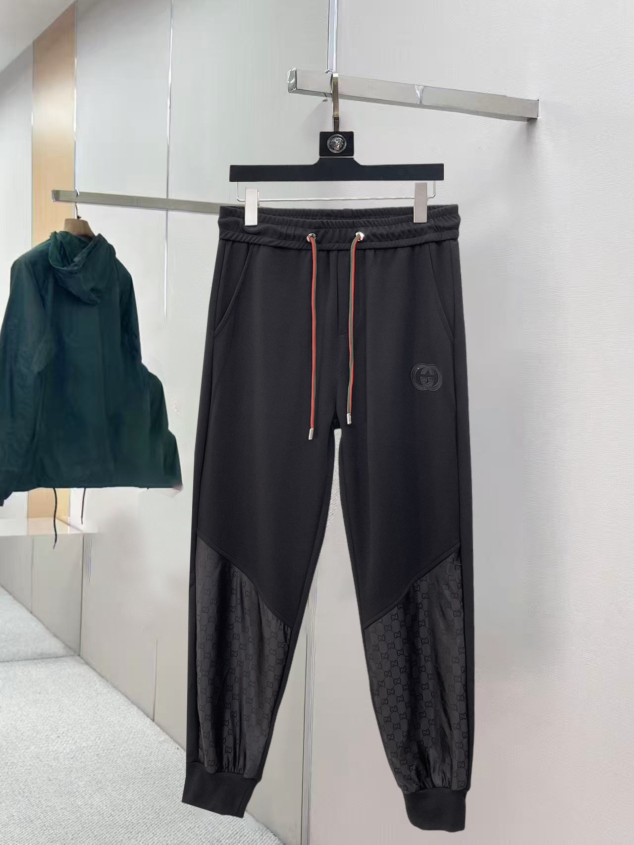 GUCCI 一比一黑色拼接運動長褲男士休閒束腳褲