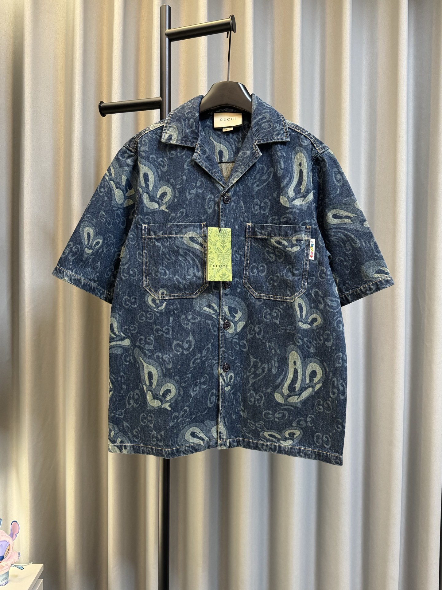 Gucci 復刻牛仔短袖襯衫 男士滿版印花休閒襯衣