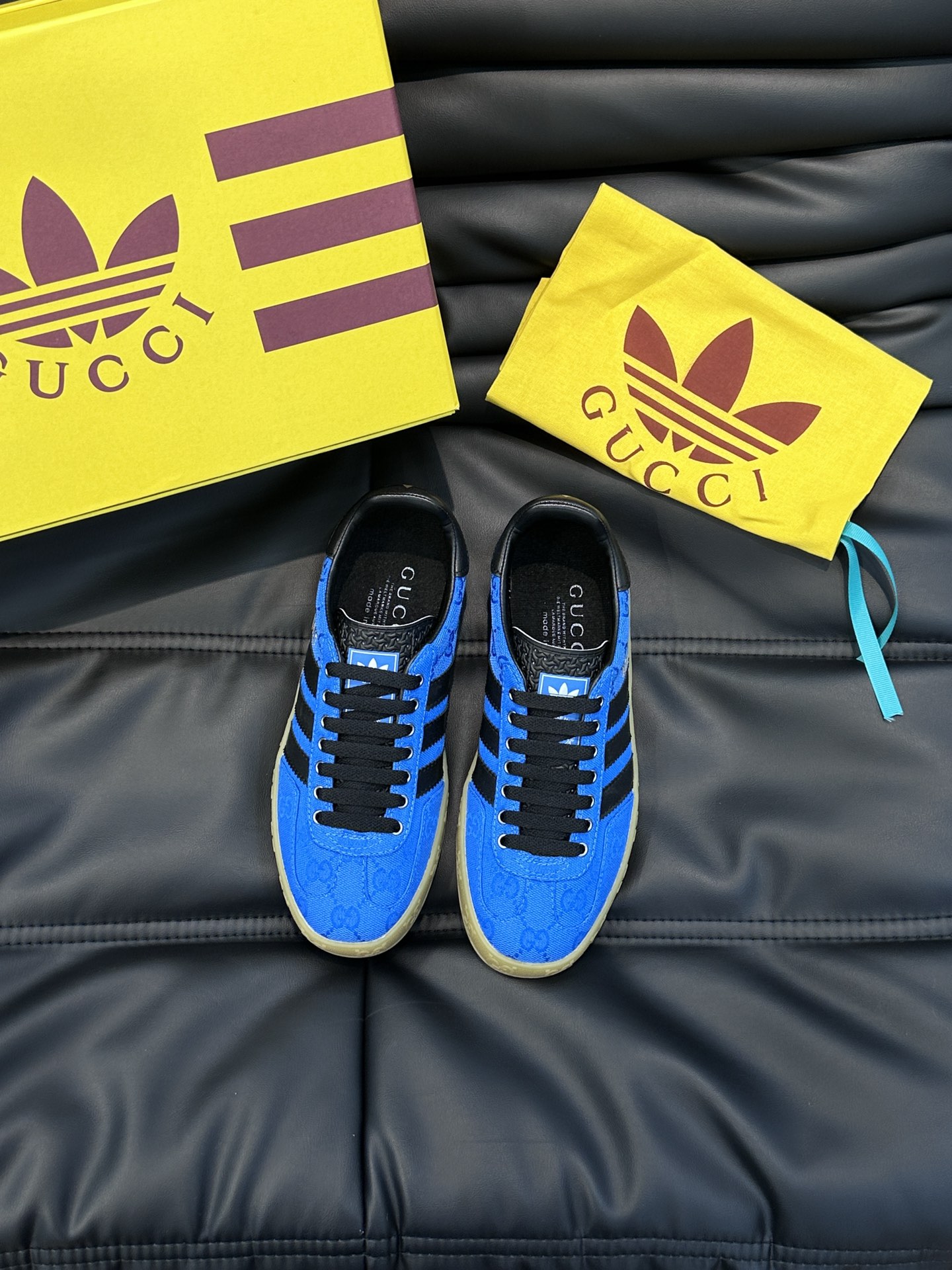 GUCCI一比一×adidas Gazelle聯名休閒鞋 藍色GG鞋面黑色三條紋板鞋