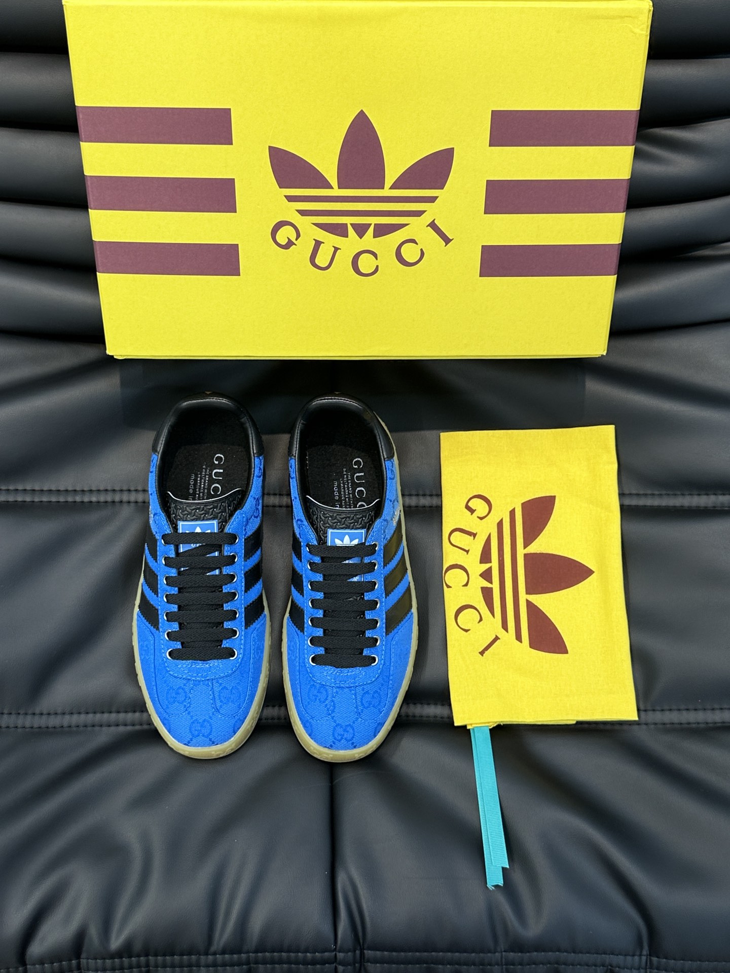 GUCCI一比一×adidas Gazelle聯名休閒鞋 藍色GG鞋面黑色三條紋板鞋| 13 GUCCI一比一×adidas Gazelle聯名休閒鞋 藍色GG鞋面黑色三條紋板鞋