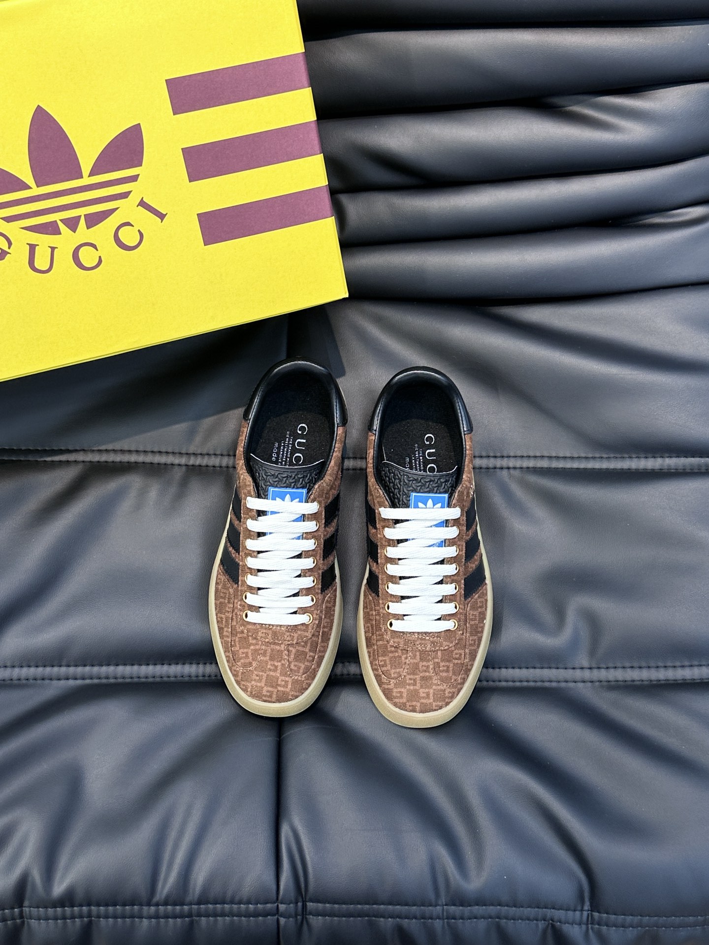 GUCCI復刻×adidas Gazelle聯名休閒鞋 棕色GG紋黑色三條紋復古板鞋