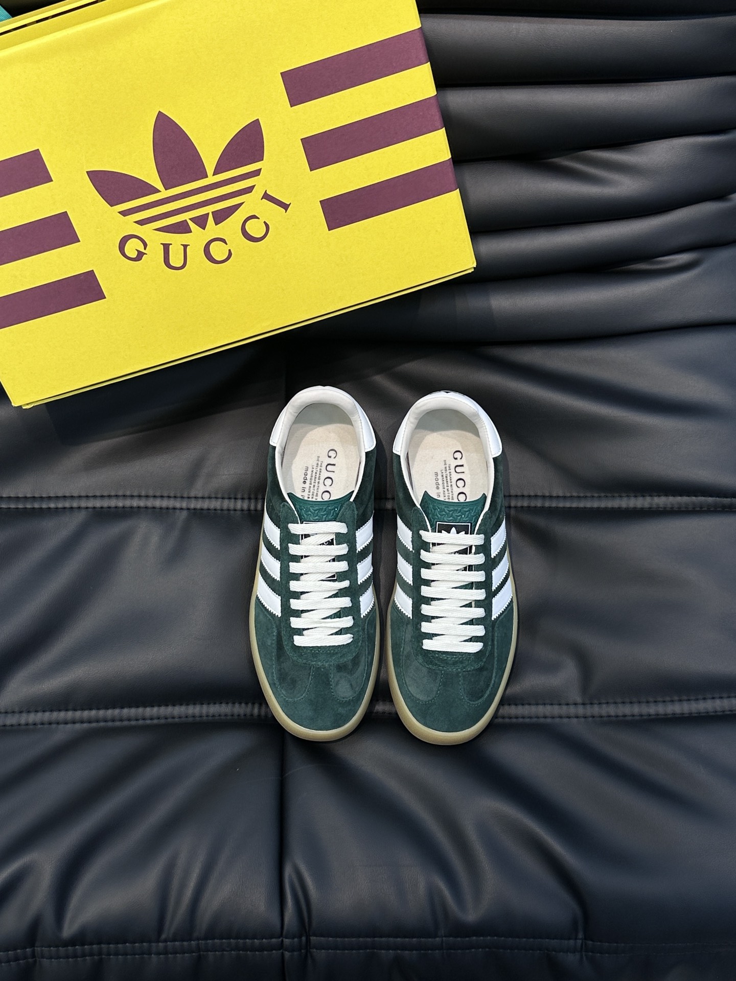 GUCCI原單×adidas Gazelle聯名休閒鞋 墨綠麂皮白色三條紋復古板鞋