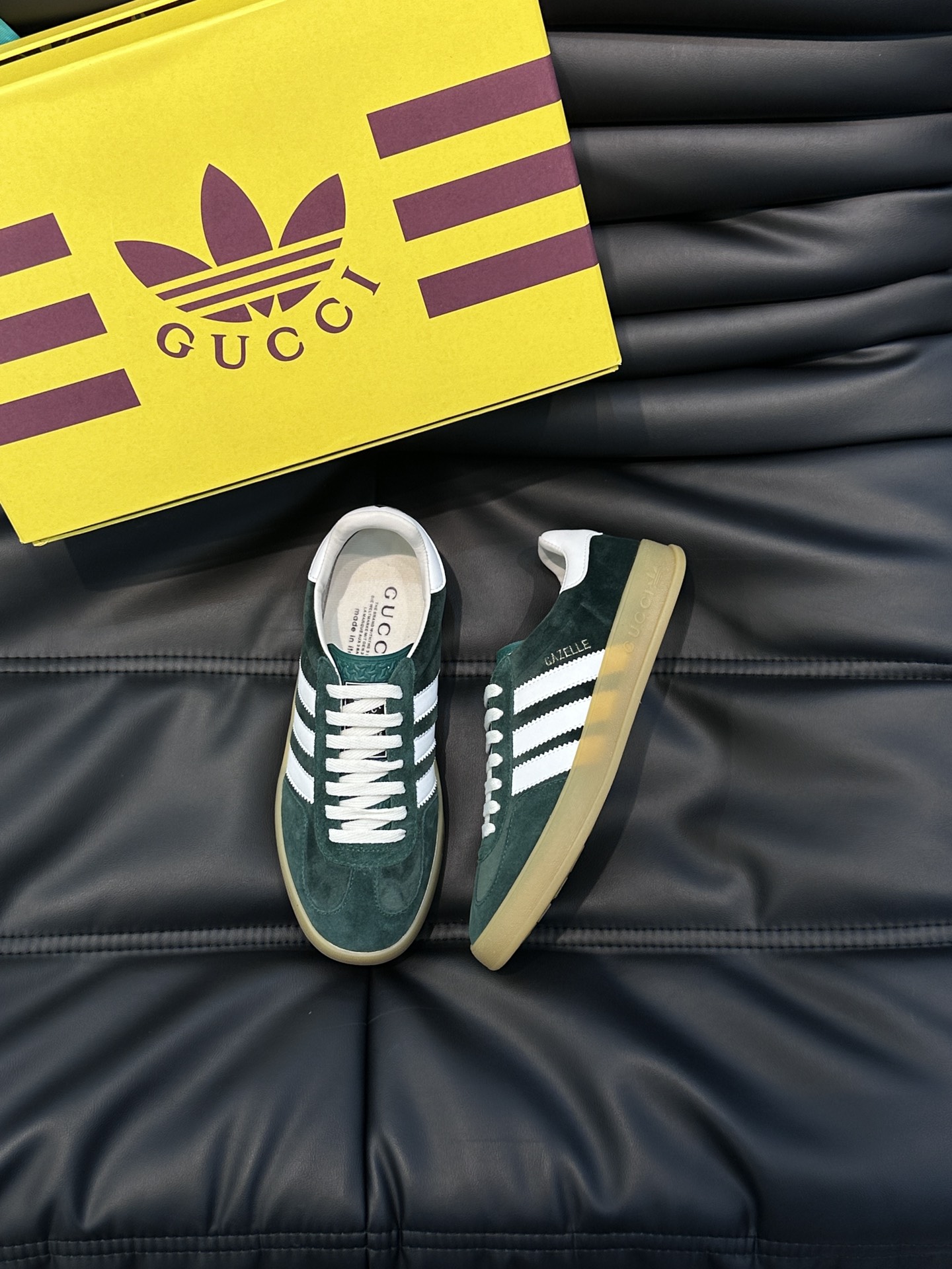 GUCCI原單×adidas Gazelle聯名休閒鞋 墨綠麂皮白色三條紋復古板鞋| 14 GUCCI原單×adidas Gazelle聯名休閒鞋 墨綠麂皮白色三條紋復古板鞋