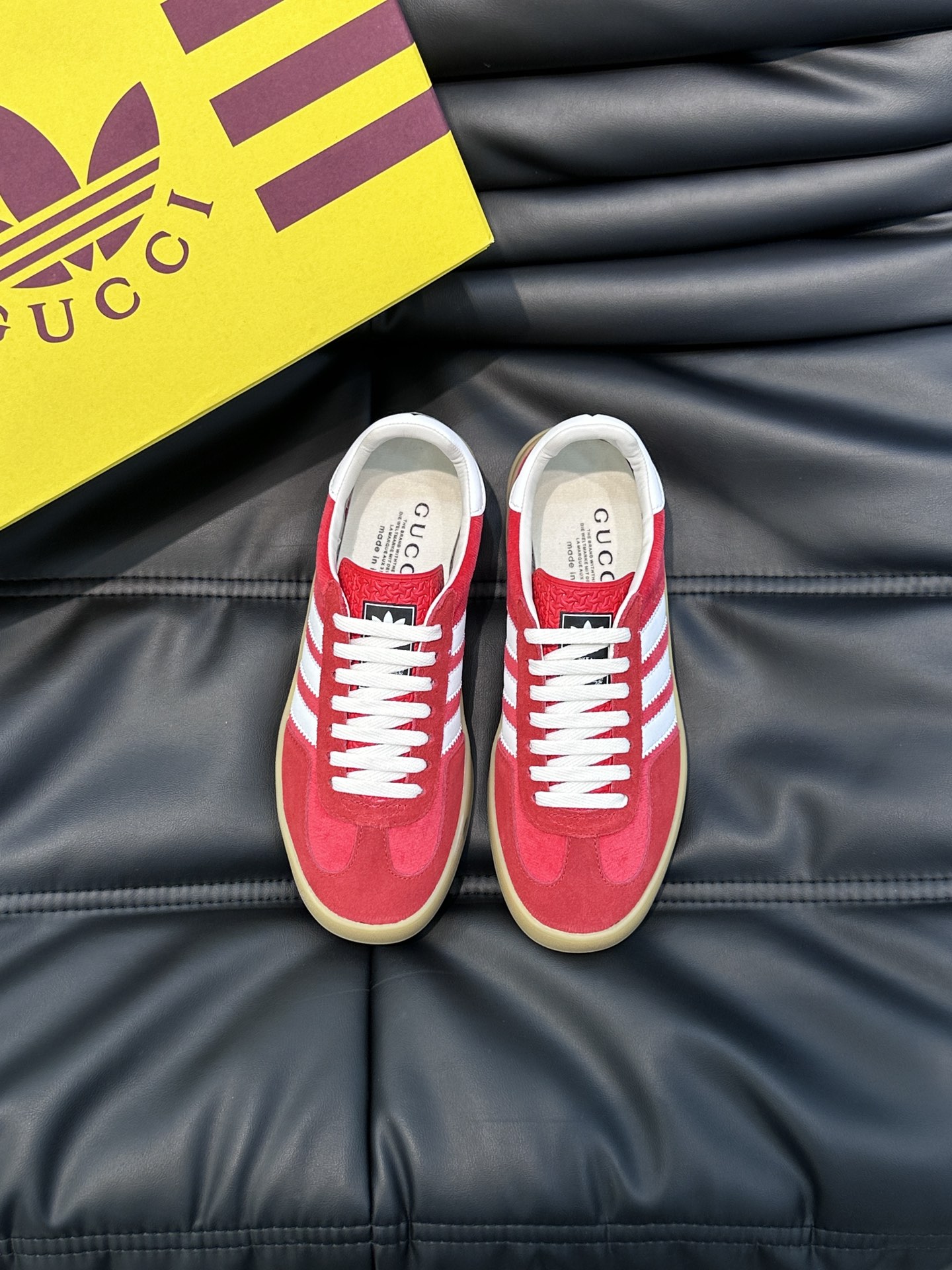GUCCI一比一×adidas Gazelle聯名休閒鞋 紅色麂皮白三條紋復古板鞋