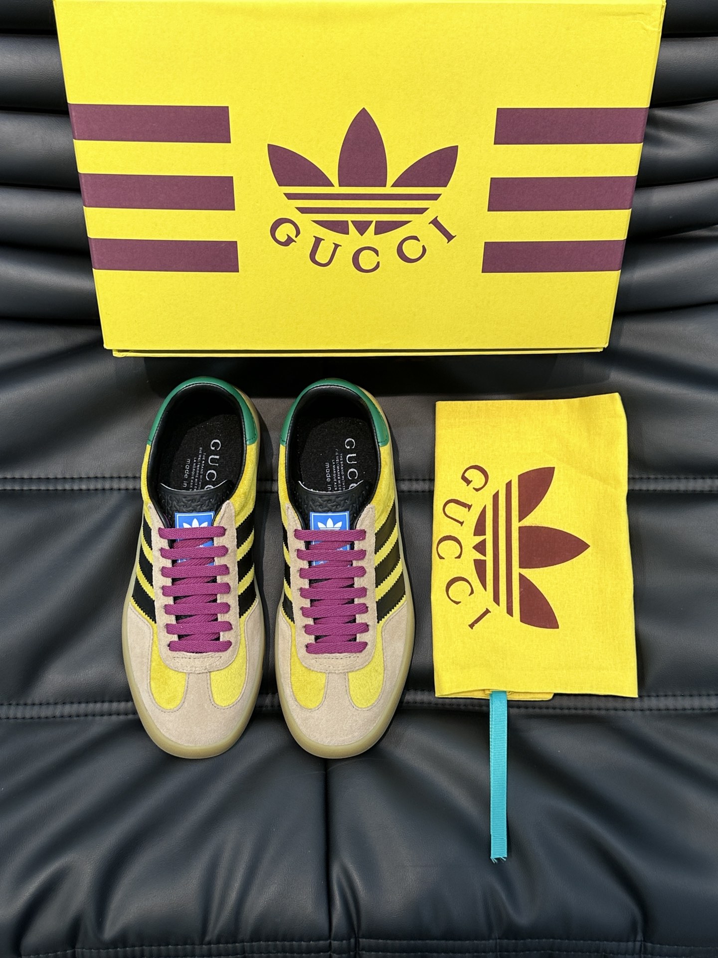 GUCCI高仿×adidas Gazelle聯名休閒鞋 黃色麂皮黑三條紋紫色鞋帶板鞋| 13 GUCCI高仿×adidas Gazelle聯名休閒鞋 黃色麂皮黑三條紋紫色鞋帶板鞋