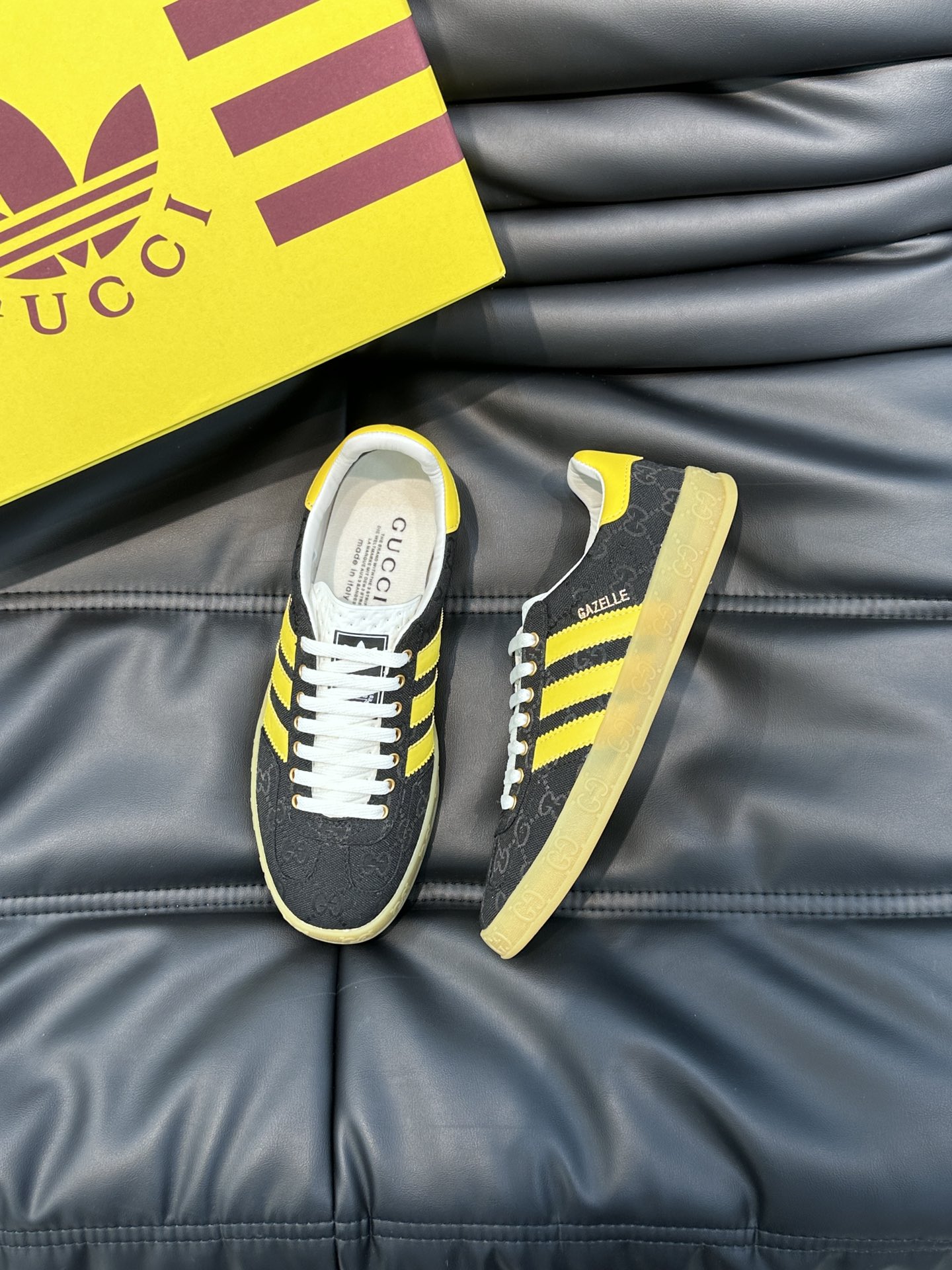 GUCCI復刻×adidas Gazelle聯名休閒鞋 黑色GG鞋面黃色三條紋復古板鞋| 14 GUCCI復刻×adidas Gazelle聯名休閒鞋 黑色GG鞋面黃色三條紋復古板鞋