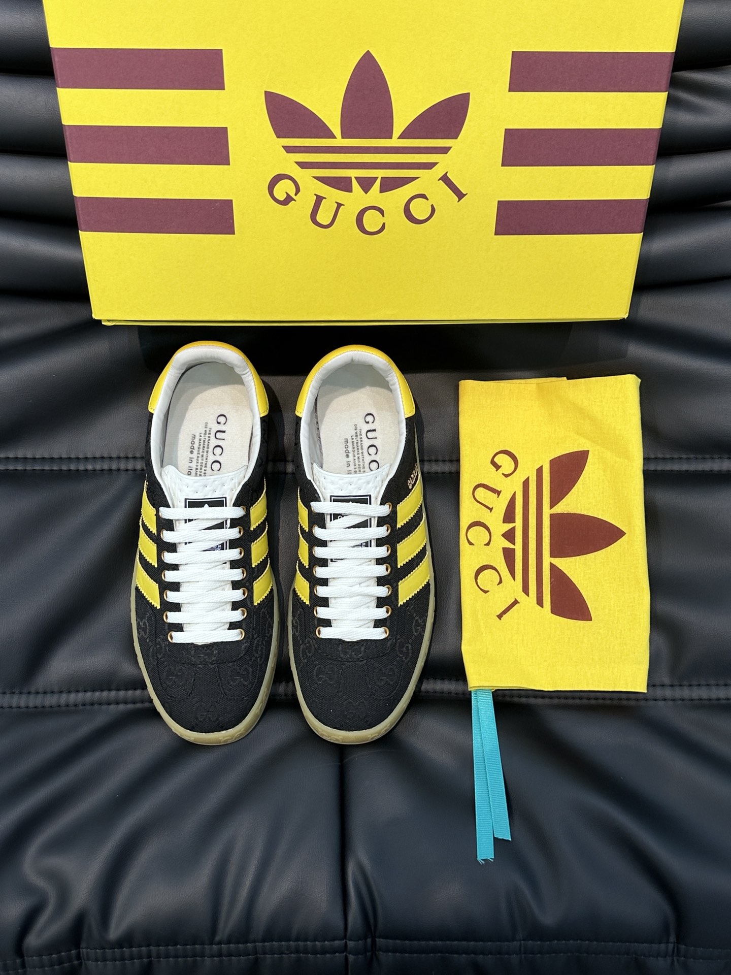 GUCCI復刻×adidas Gazelle聯名休閒鞋 黑色GG鞋面黃色三條紋復古板鞋| 13 GUCCI復刻×adidas Gazelle聯名休閒鞋 黑色GG鞋面黃色三條紋復古板鞋