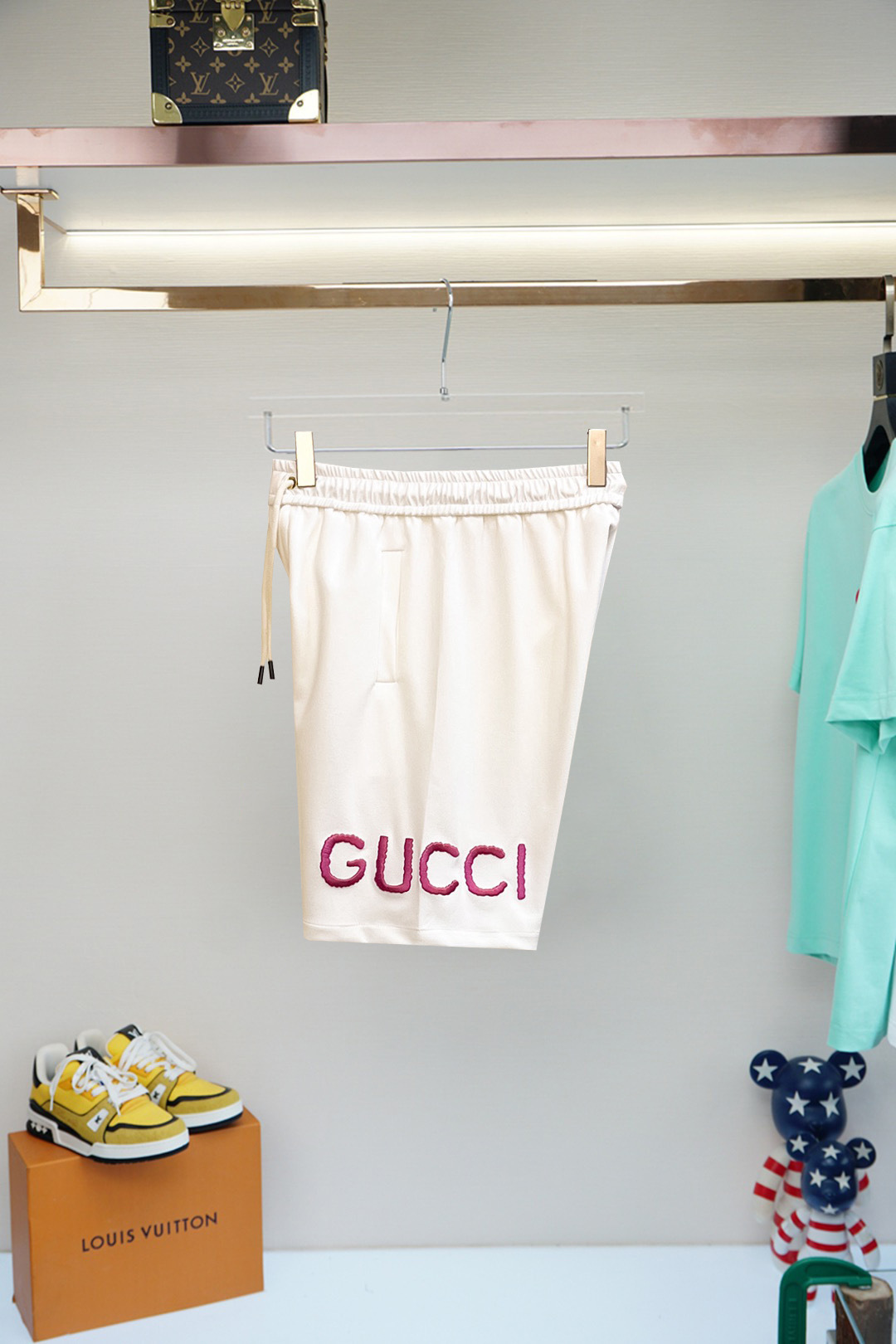 GUCCI 一比一刺繡字母短褲男士白色純棉休閒運動褲| 6 GUCCI 一比一刺繡字母短褲男士白色純棉休閒運動褲