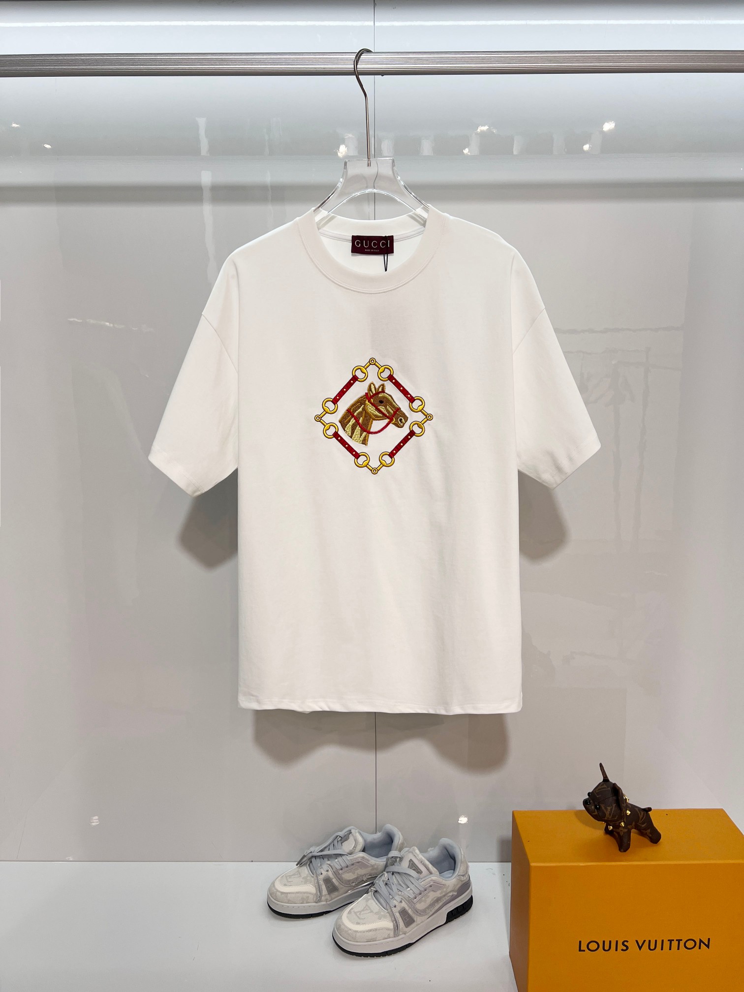 GUCCI 一比一馬頭刺繡短袖T恤男士白色純棉休閒上衣| 3 GUCCI 一比一馬頭刺繡短袖T恤男士白色純棉休閒上衣