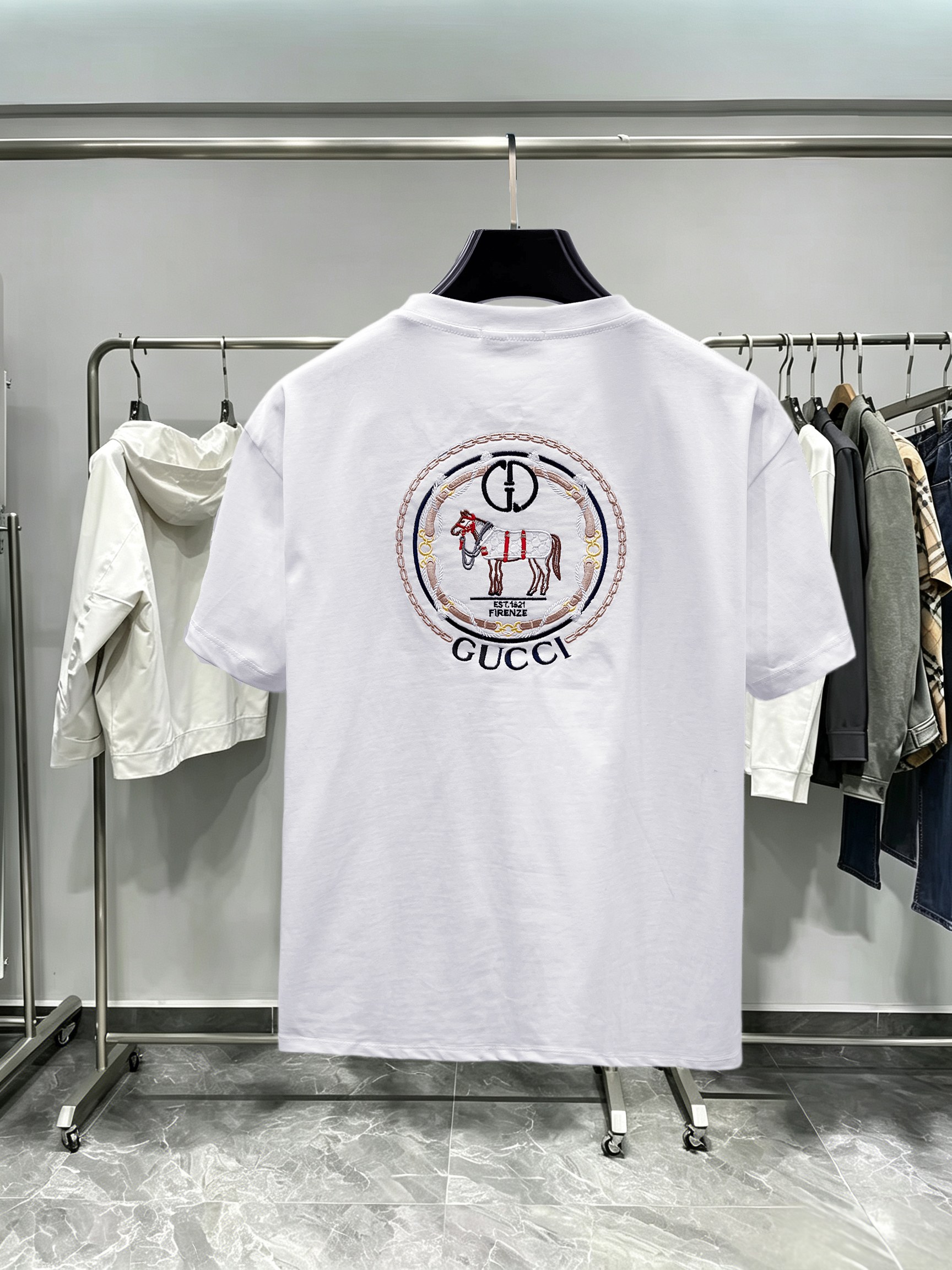 GUCCI 一比一刺繡馬徽短袖T恤 男士白色圓領純棉百搭上衣| 14 GUCCI 一比一刺繡馬徽短袖T恤 男士白色圓領純棉百搭上衣