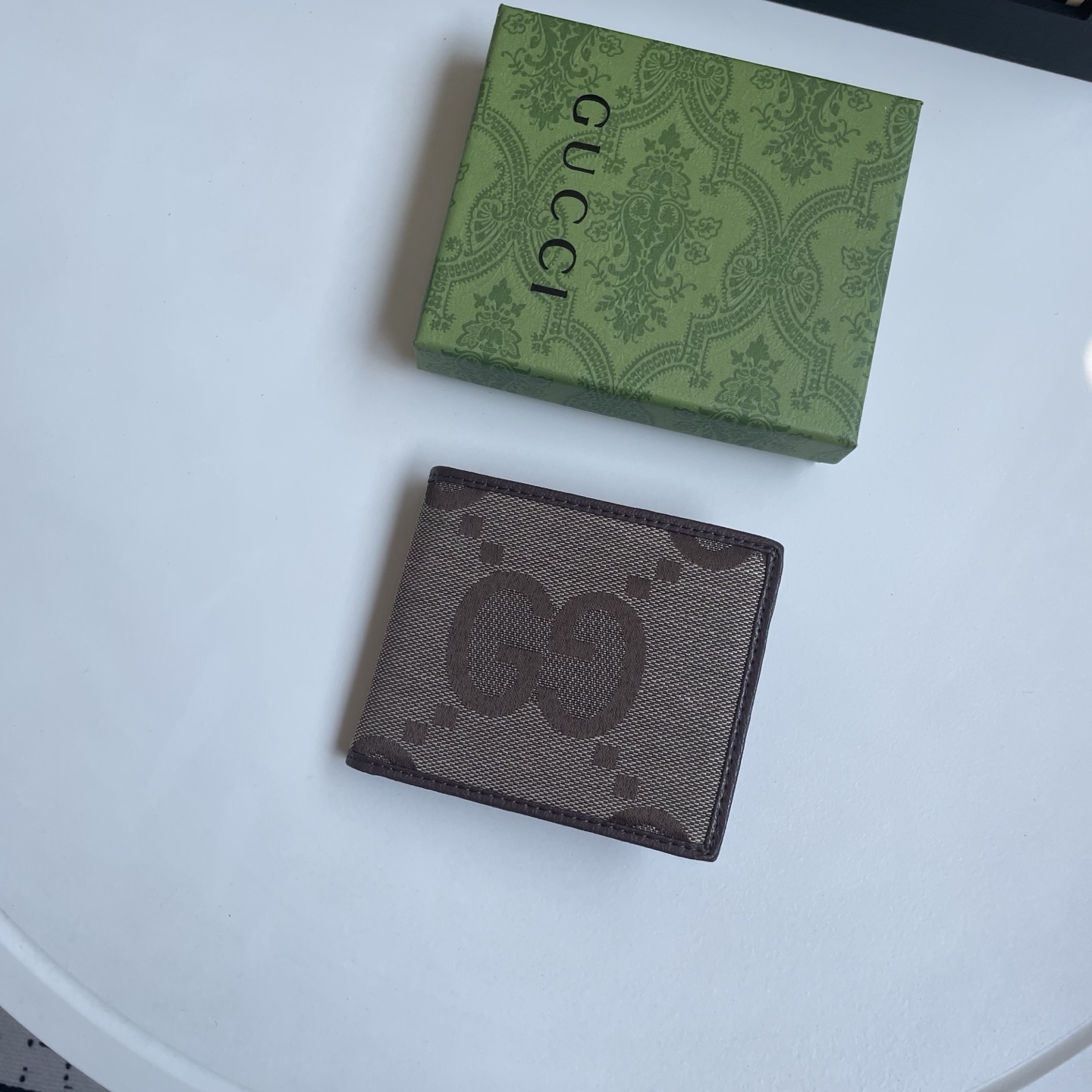 Gucci 原單 Jumbo GG 大Logo緹花男士短夾 深棕色