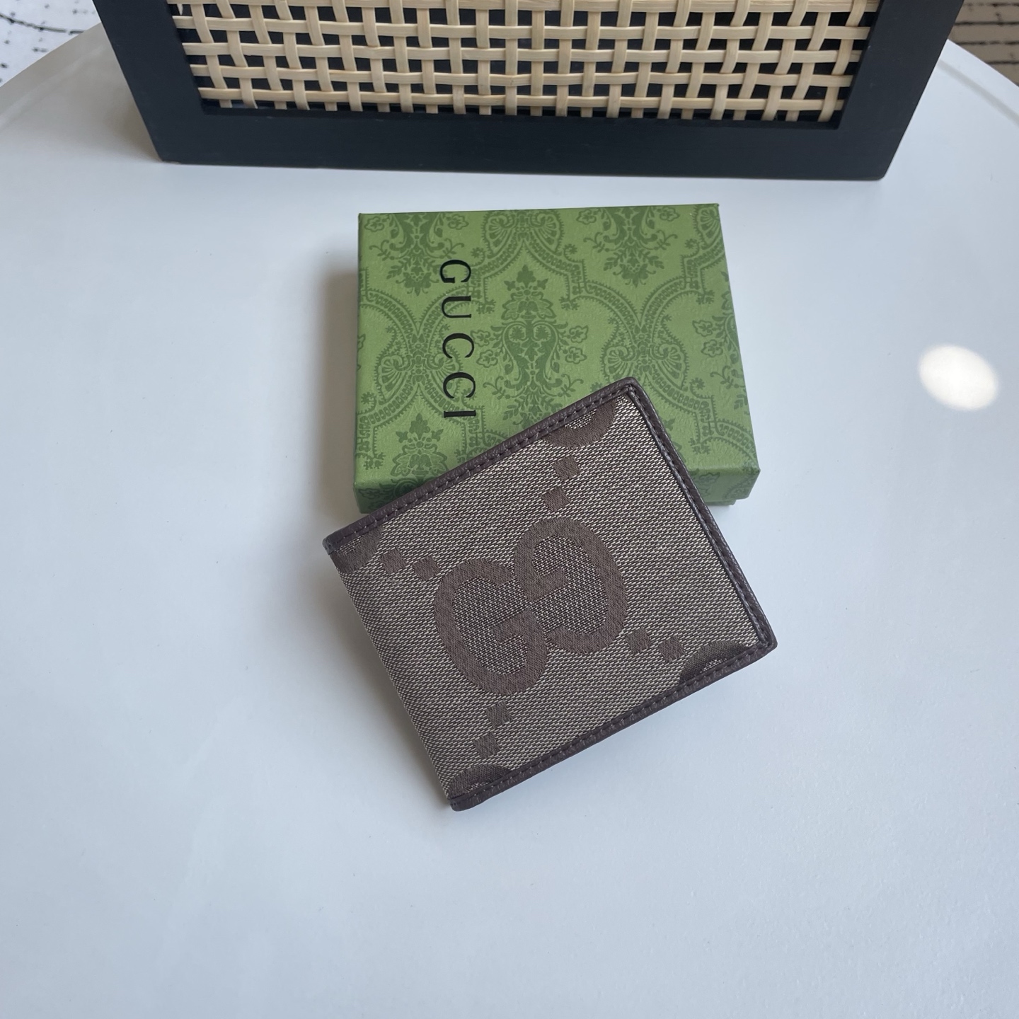 Gucci 原單 Jumbo GG 大Logo緹花男士短夾 深棕色