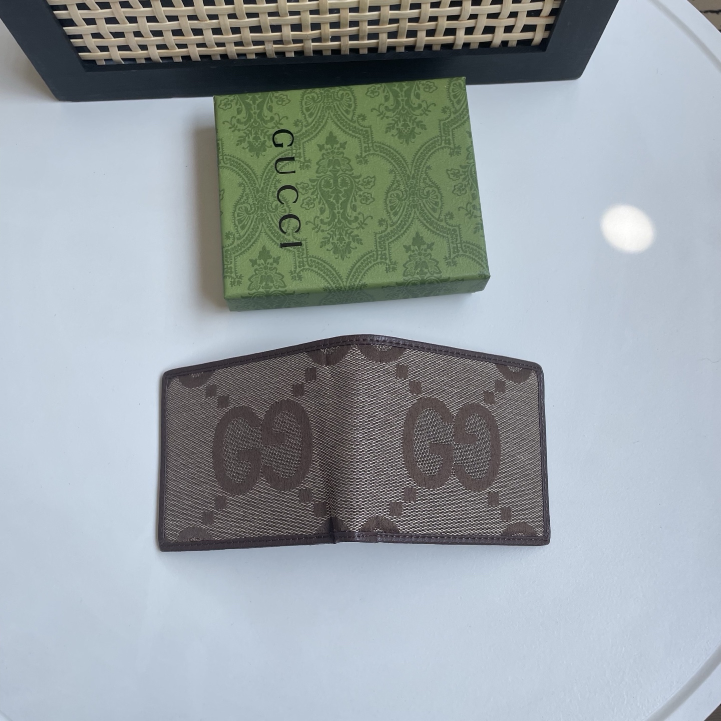 Gucci 原單 Jumbo GG 大Logo緹花男士短夾 深棕色
