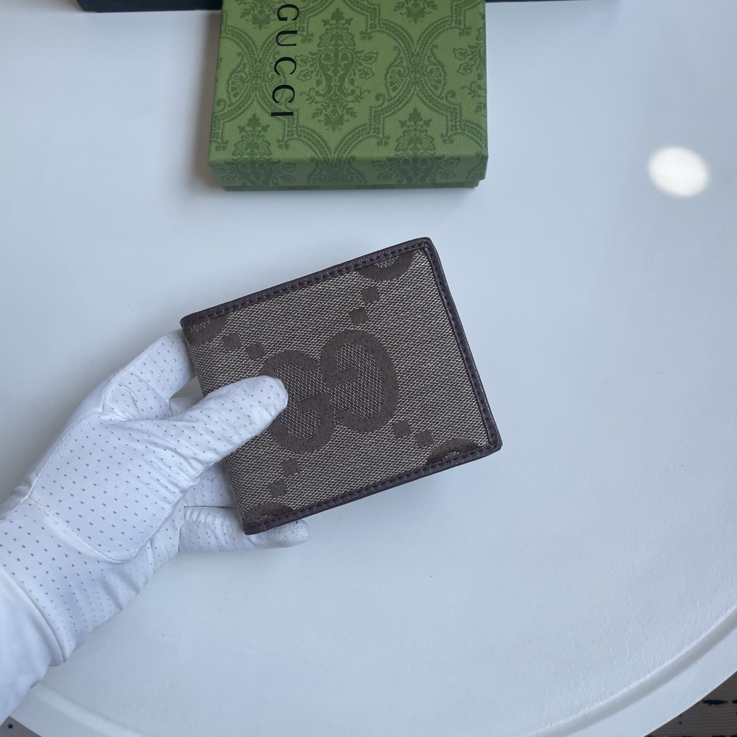 Gucci 原單 Jumbo GG 大Logo緹花男士短夾 深棕色