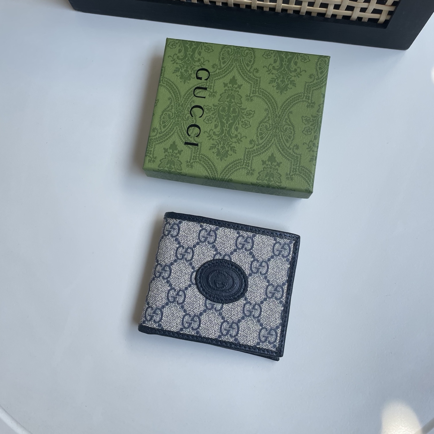 Gucci A貨 GG Supreme Interlocking G徽章男士短夾 黑灰色| 3 Gucci A貨 GG Supreme Interlocking G徽章男士短夾 黑灰色