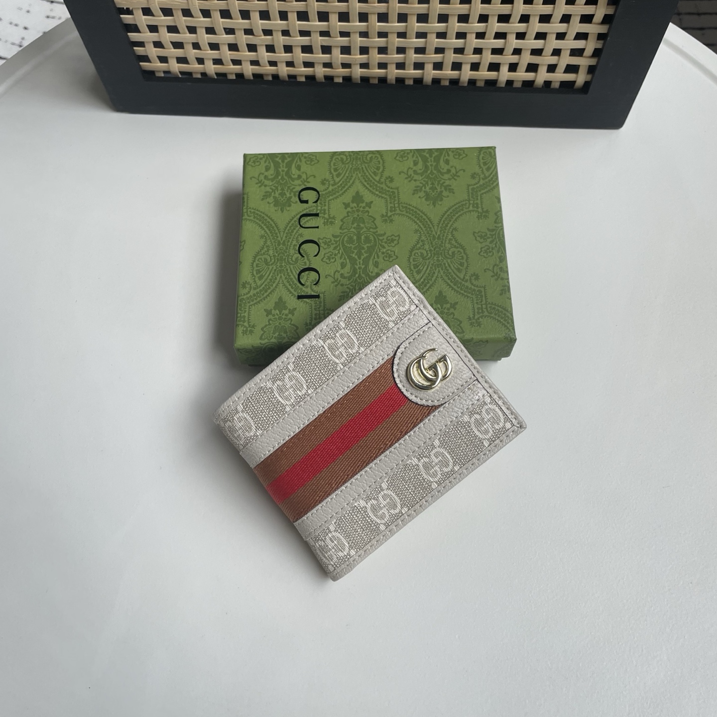 Gucci 高仿 GG Supreme Web織帶雙G金屬男士短夾 米白棕紅色
