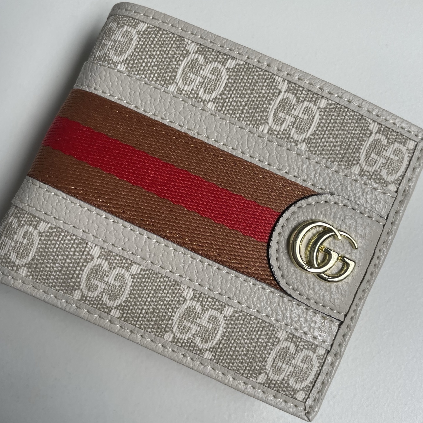 Gucci 高仿 GG Supreme Web織帶雙G金屬男士短夾 米白棕紅色| 13 Gucci 高仿 GG Supreme Web織帶雙G金屬男士短夾 米白棕紅色