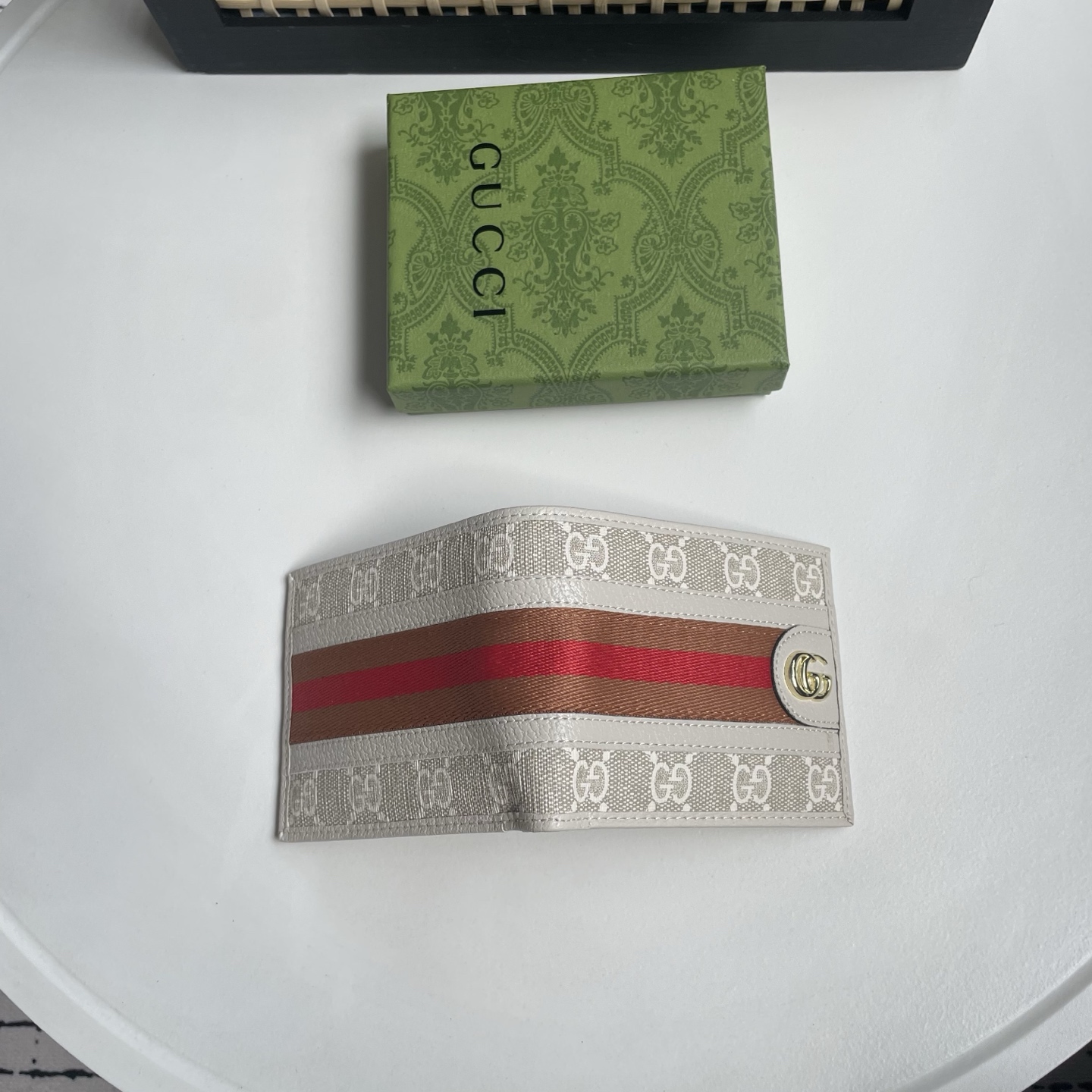 Gucci 高仿 GG Supreme Web織帶雙G金屬男士短夾 米白棕紅色| 12 Gucci 高仿 GG Supreme Web織帶雙G金屬男士短夾 米白棕紅色