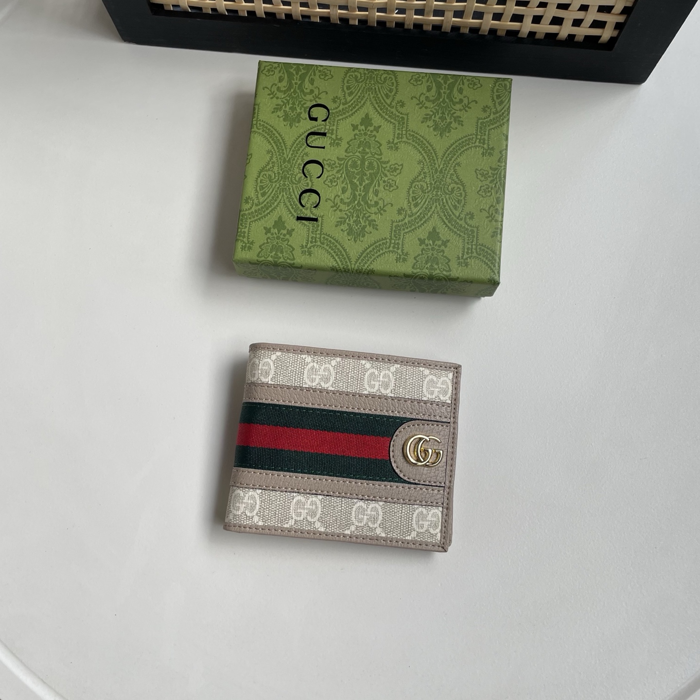 Gucci 原單 GG Supreme Web綠紅織帶雙G男士短夾 米灰色| 3 Gucci 原單 GG Supreme Web綠紅織帶雙G男士短夾 米灰色