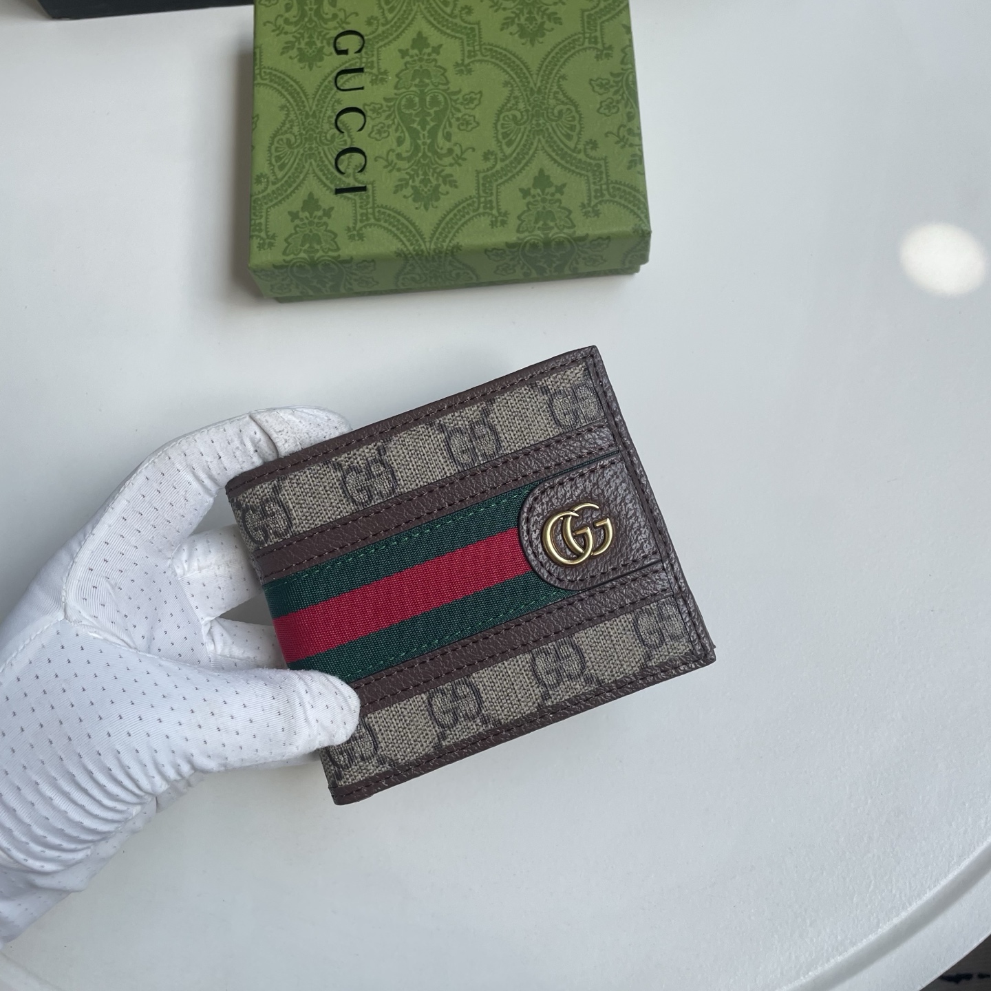 Gucci 高仿 GG Supreme Web綠紅織帶雙G男士短夾 深棕色| 13 Gucci 高仿 GG Supreme Web綠紅織帶雙G男士短夾 深棕色