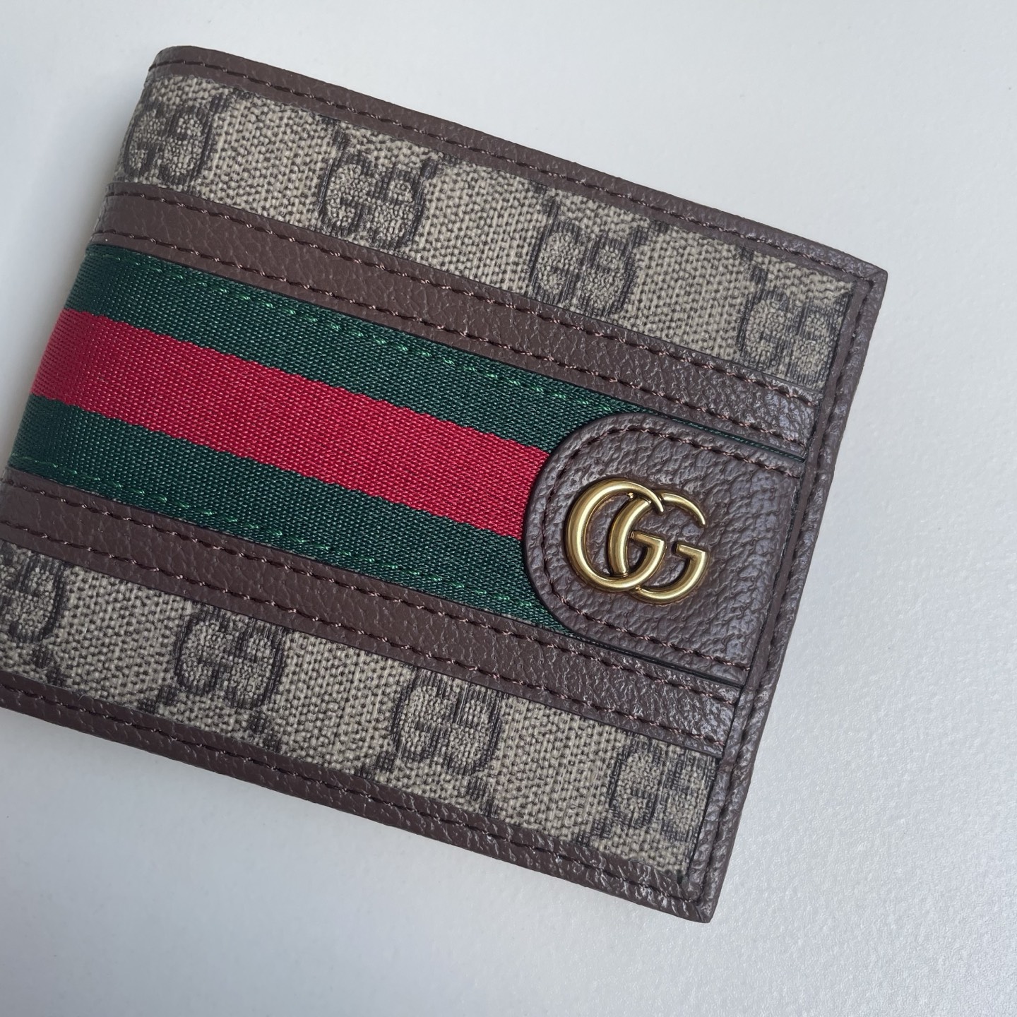 Gucci 高仿 GG Supreme Web綠紅織帶雙G男士短夾 深棕色| 12 Gucci 高仿 GG Supreme Web綠紅織帶雙G男士短夾 深棕色