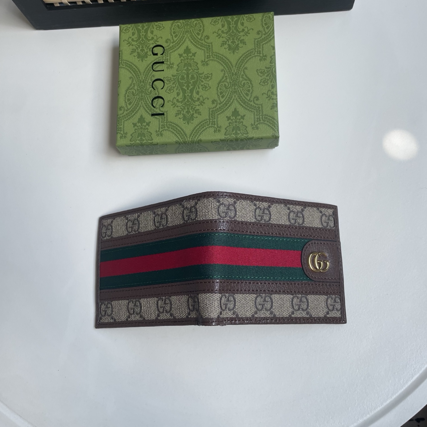 Gucci 高仿 GG Supreme Web綠紅織帶雙G男士短夾 深棕色| 11 Gucci 高仿 GG Supreme Web綠紅織帶雙G男士短夾 深棕色