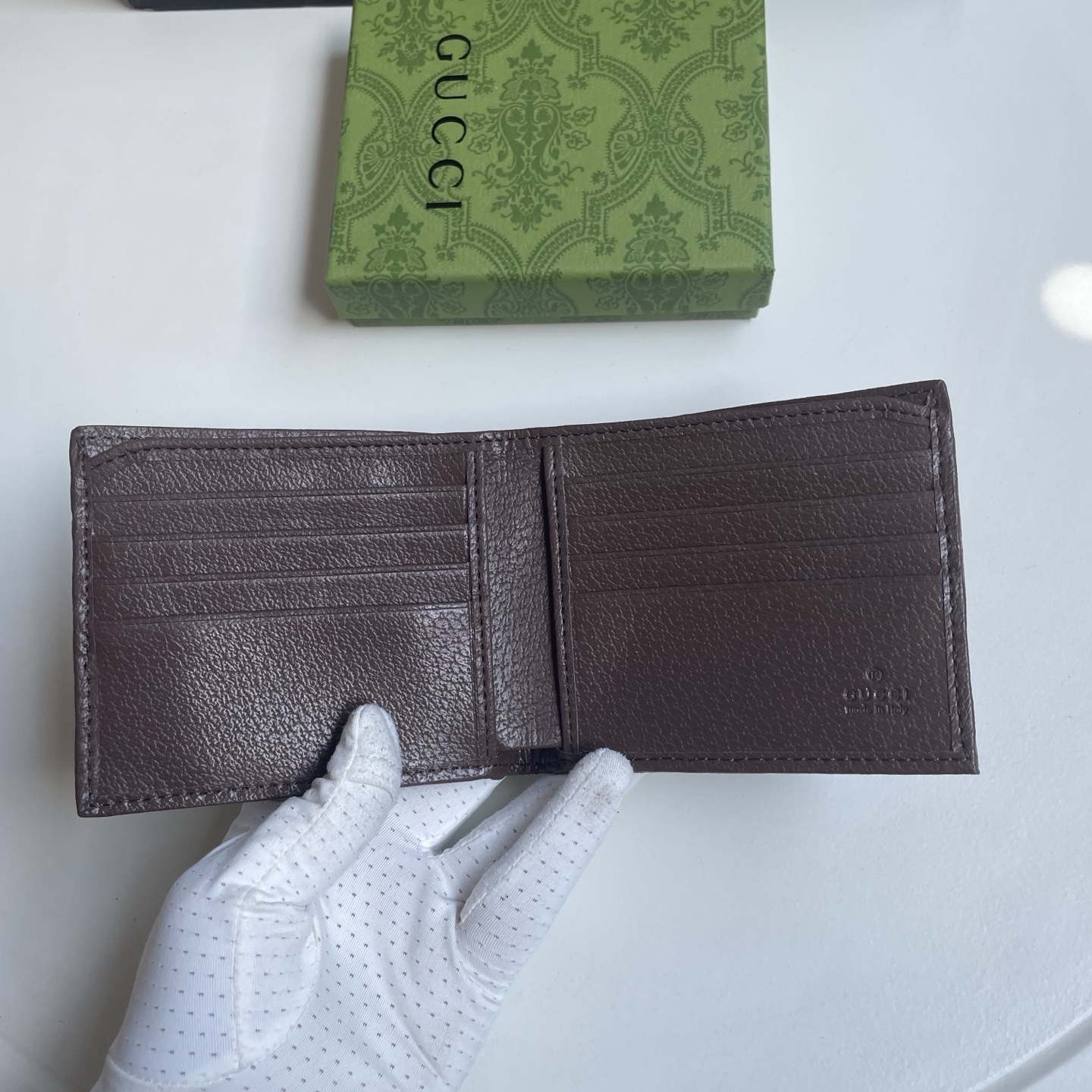 Gucci 高仿 GG Supreme Web綠紅織帶雙G男士短夾 深棕色| 9 Gucci 高仿 GG Supreme Web綠紅織帶雙G男士短夾 深棕色