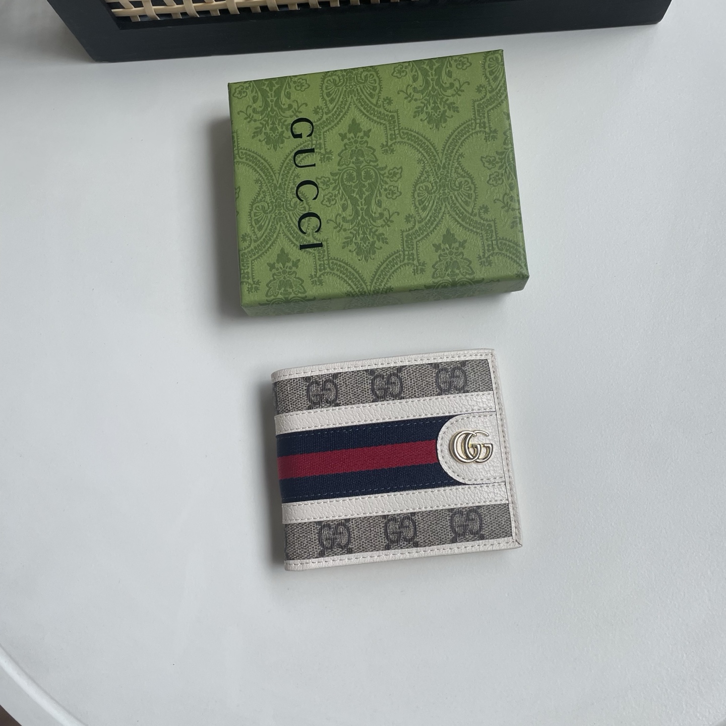 Gucci A貨 GG Supreme Web藍紅織帶雙G男士短夾 米白色| 14 Gucci A貨 GG Supreme Web藍紅織帶雙G男士短夾 米白色