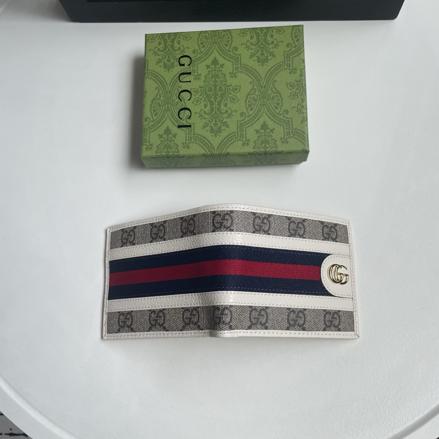 Gucci A貨 GG Supreme Web藍紅織帶雙G男士短夾 米白色| 13 Gucci A貨 GG Supreme Web藍紅織帶雙G男士短夾 米白色