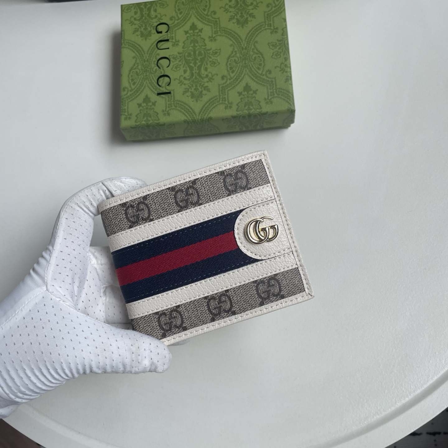 Gucci A貨 GG Supreme Web藍紅織帶雙G男士短夾 米白色| 12 Gucci A貨 GG Supreme Web藍紅織帶雙G男士短夾 米白色