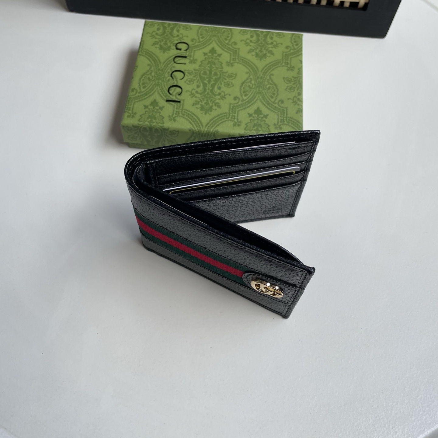 Gucci 高仿 Web綠紅織帶雙G金屬男士短夾 黑色| 12 Gucci 高仿 Web綠紅織帶雙G金屬男士短夾 黑色