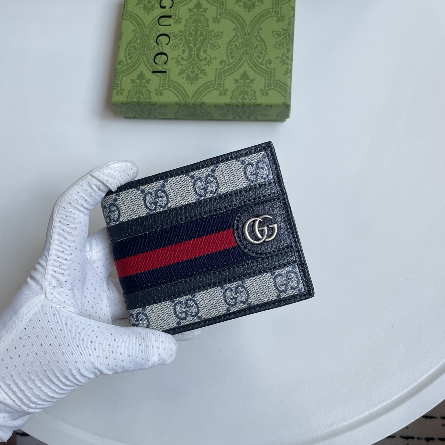 Gucci 一比一 GG Supreme Web藍紅織帶雙G男士短夾 藍灰色| 12 Gucci 一比一 GG Supreme Web藍紅織帶雙G男士短夾 藍灰色