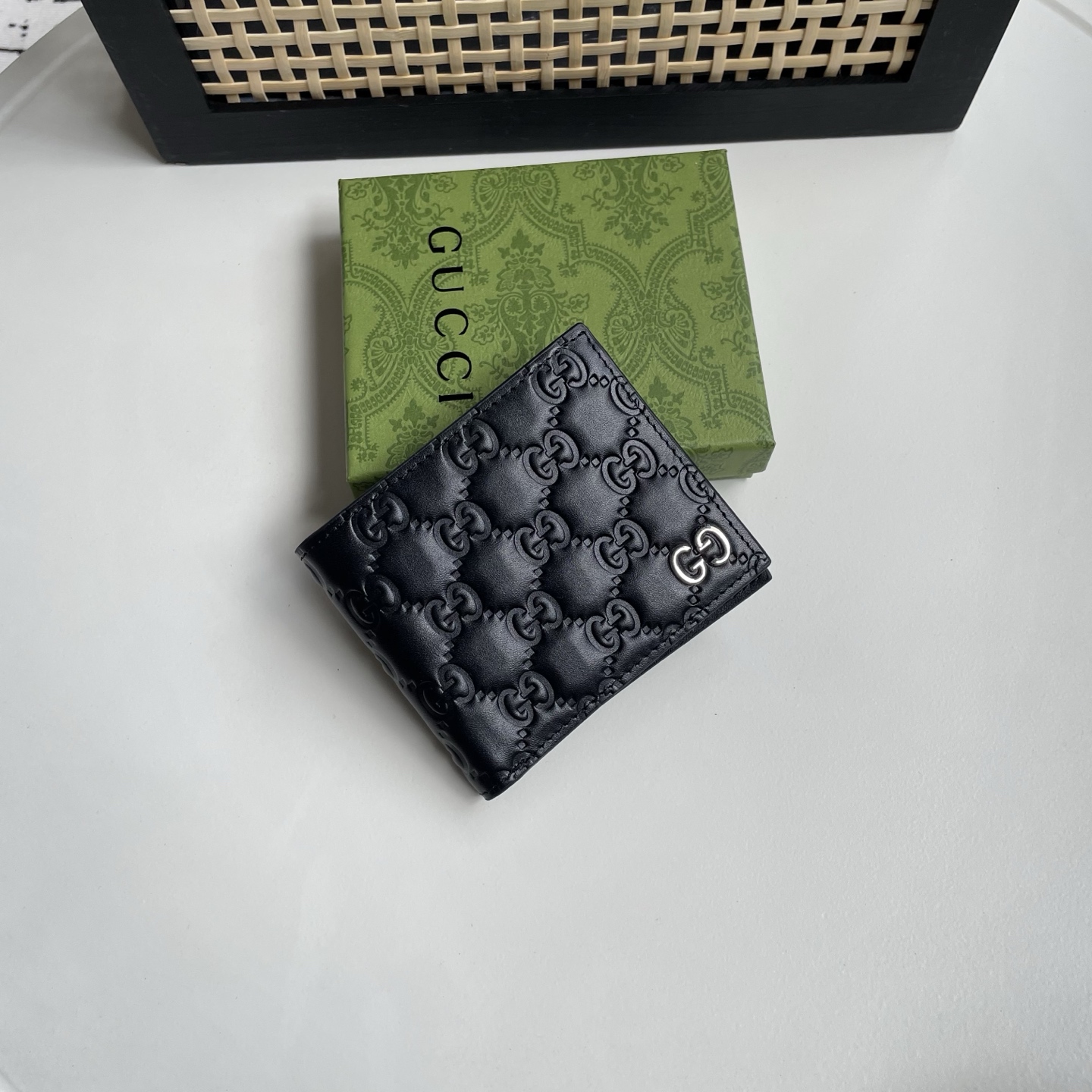 Gucci 高仿 GG壓紋皮革雙G金屬男士短夾 黑色