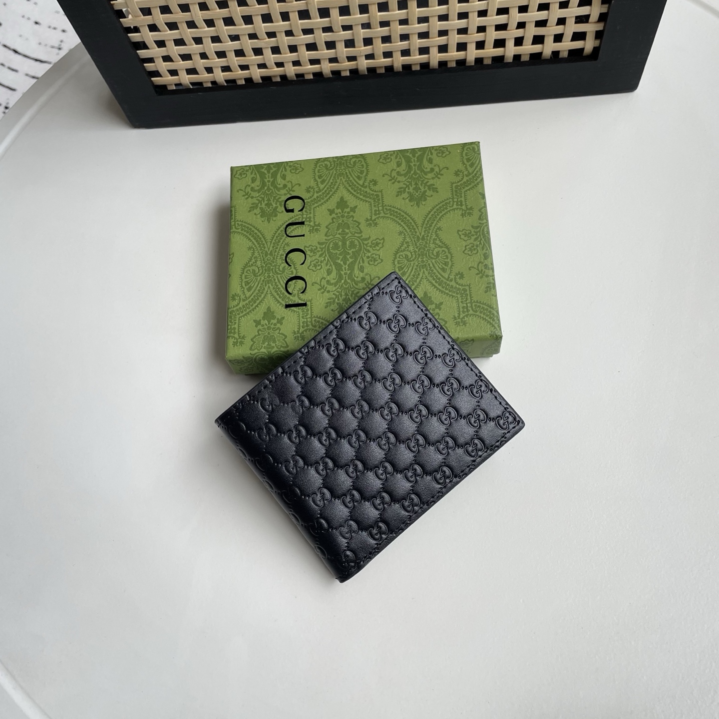 Gucci 原單 Micro GG壓紋皮革男士短夾 全黑色