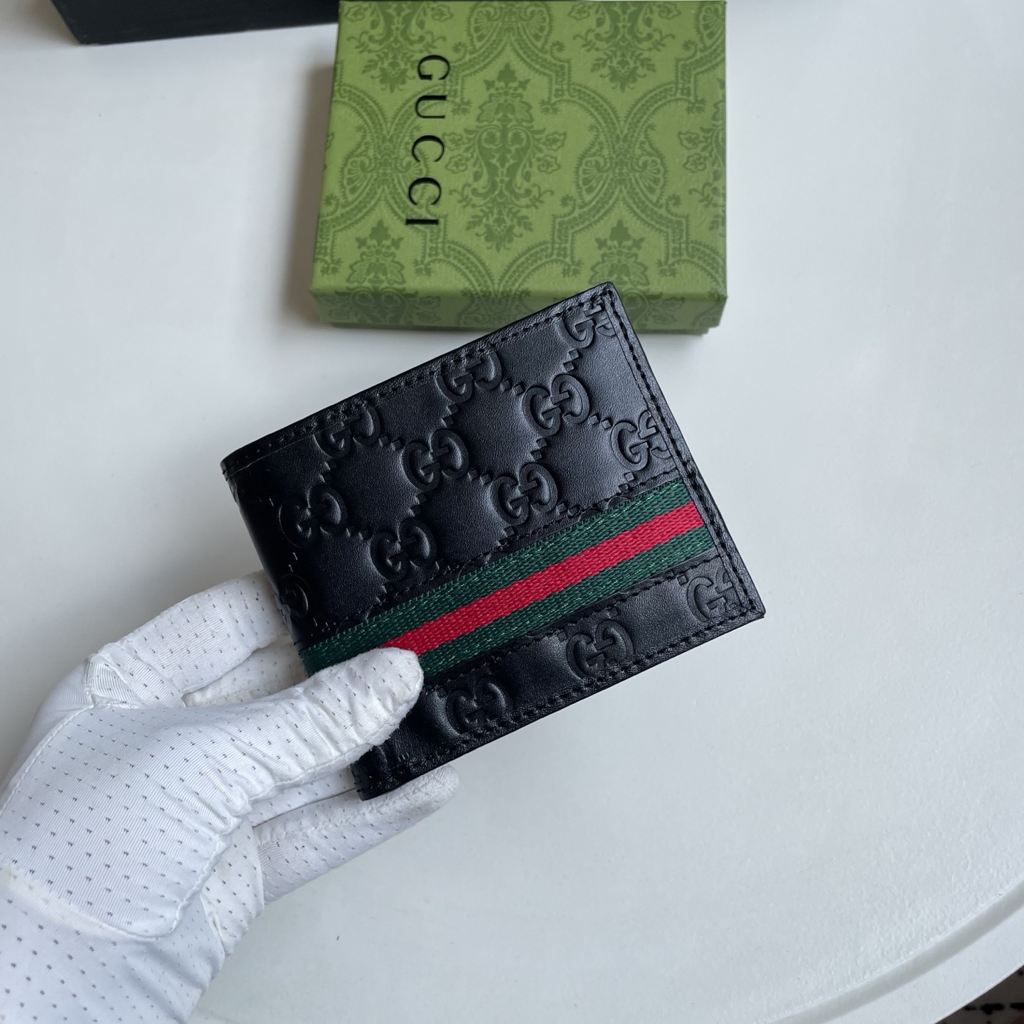 Gucci 一比一 古馳 GG 壓紋男士錢包 黑色紅綠織帶短夾