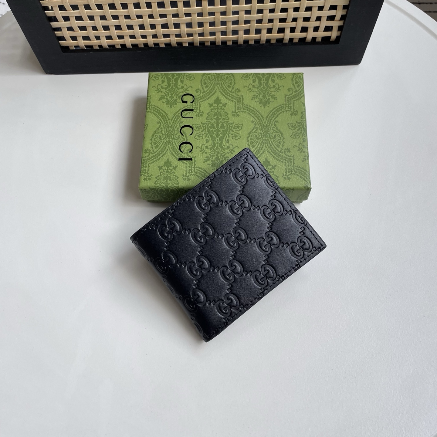 Gucci A貨 古馳男士錢包 全黑 GG Supreme 壓紋皮革對折短夾