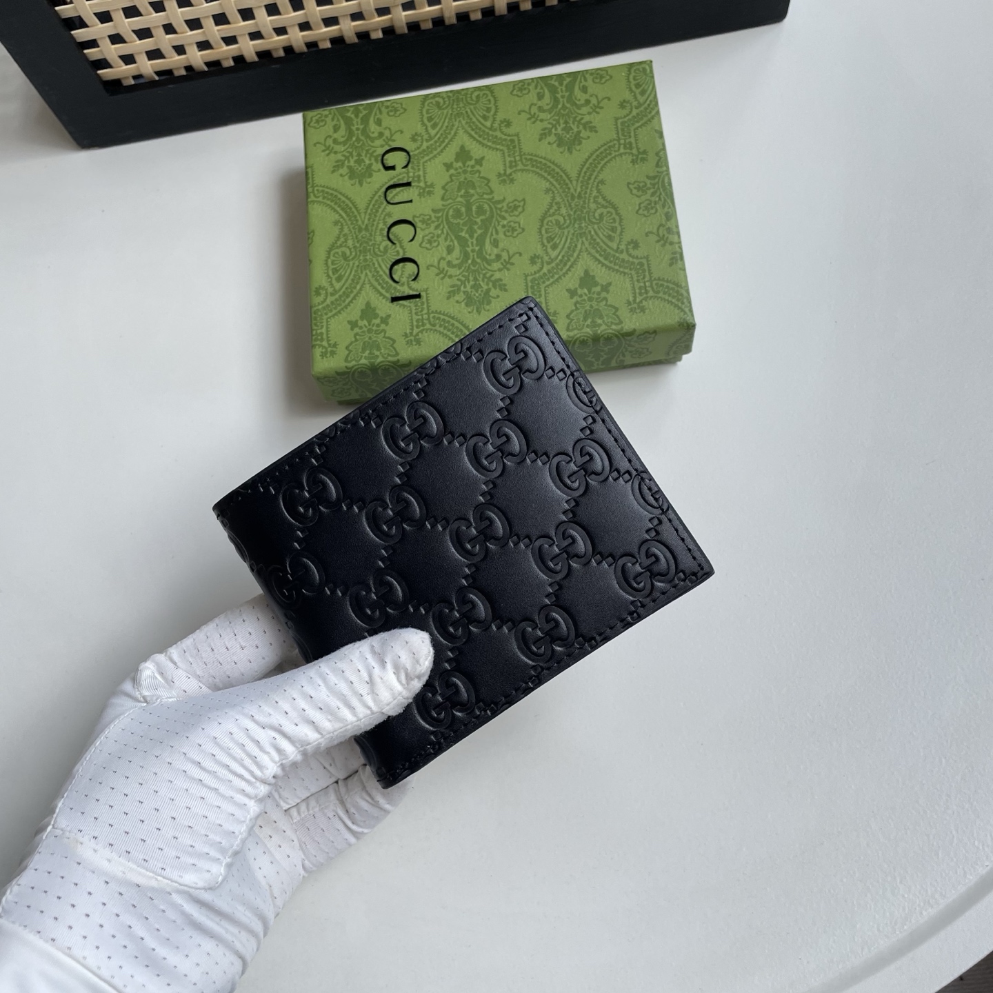 Gucci A貨 古馳男士錢包 全黑 GG Supreme 壓紋皮革對折短夾