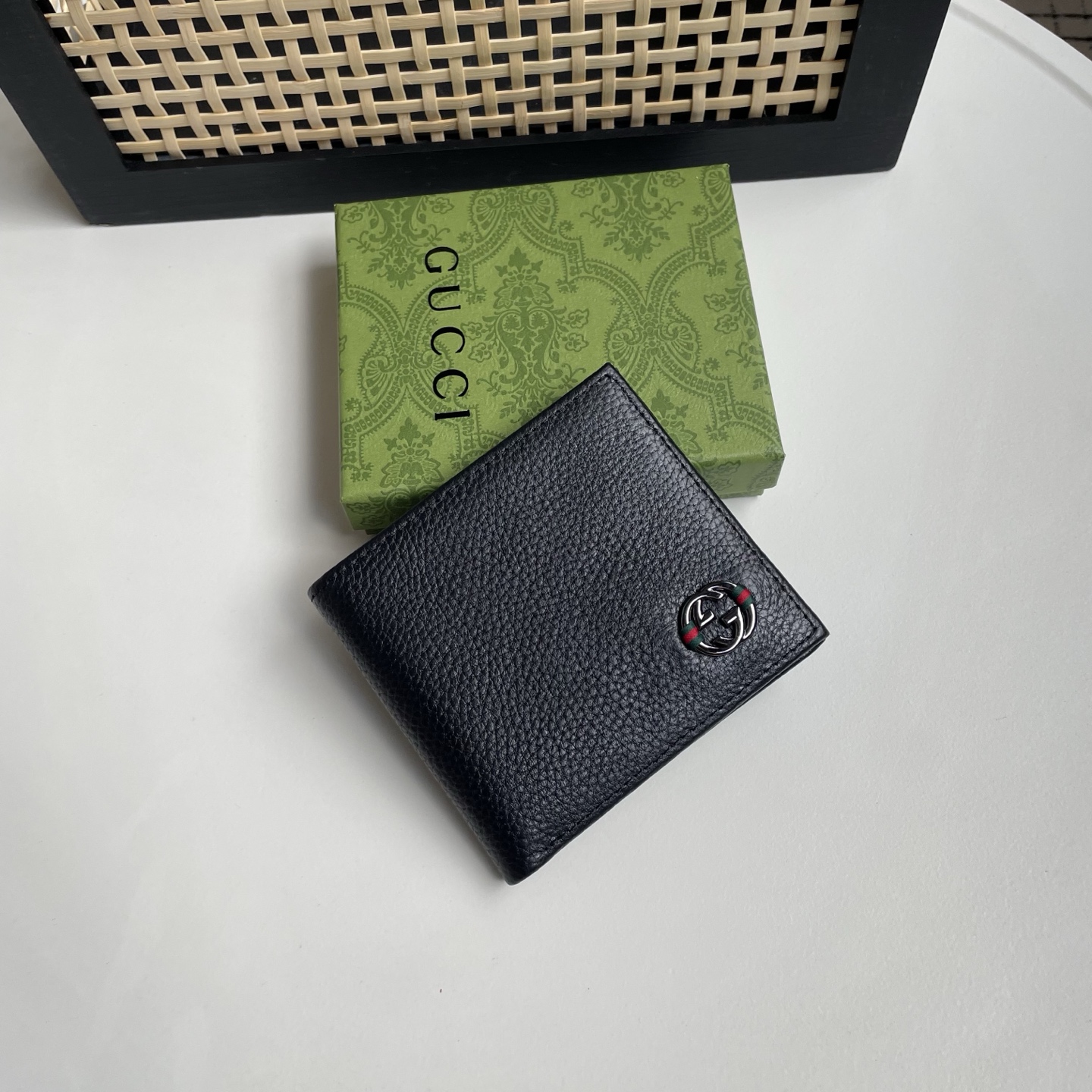 Gucci A貨 古馳男士短夾 黑色粒面皮革 Interlocking G 金屬錢包