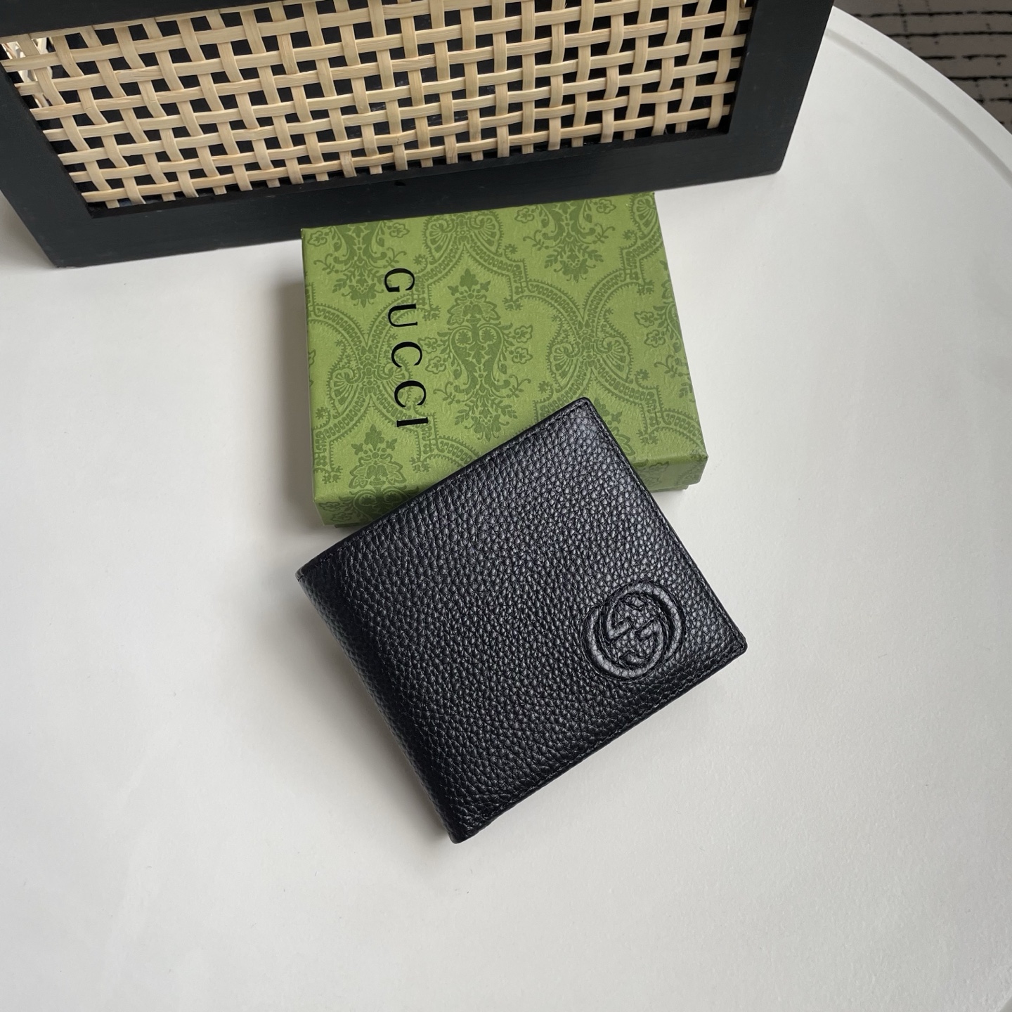 Gucci 原單 古馳男士短夾 黑色粒面皮革圓形雙G壓紋對折錢包