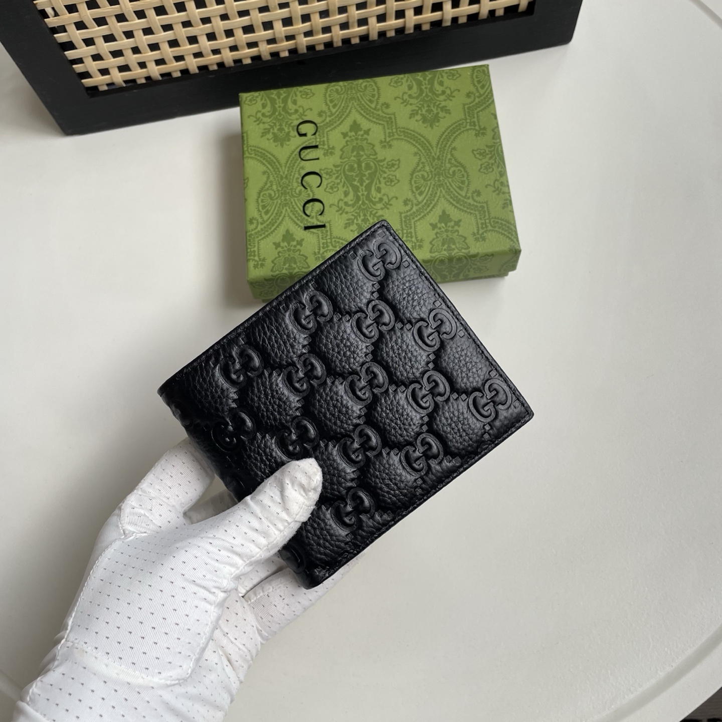 Gucci 高仿 古馳男士錢包 黑色粒面皮革滿版 GG 壓紋對折短夾
