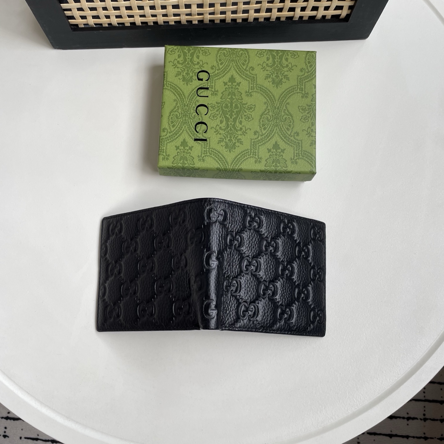 Gucci 高仿 古馳男士錢包 黑色粒面皮革滿版 GG 壓紋對折短夾