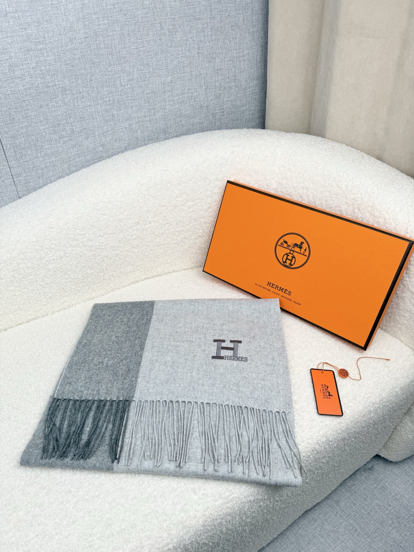 Hermès 高仿圍巾 灰色拼接羊絨披肩 男女通用款