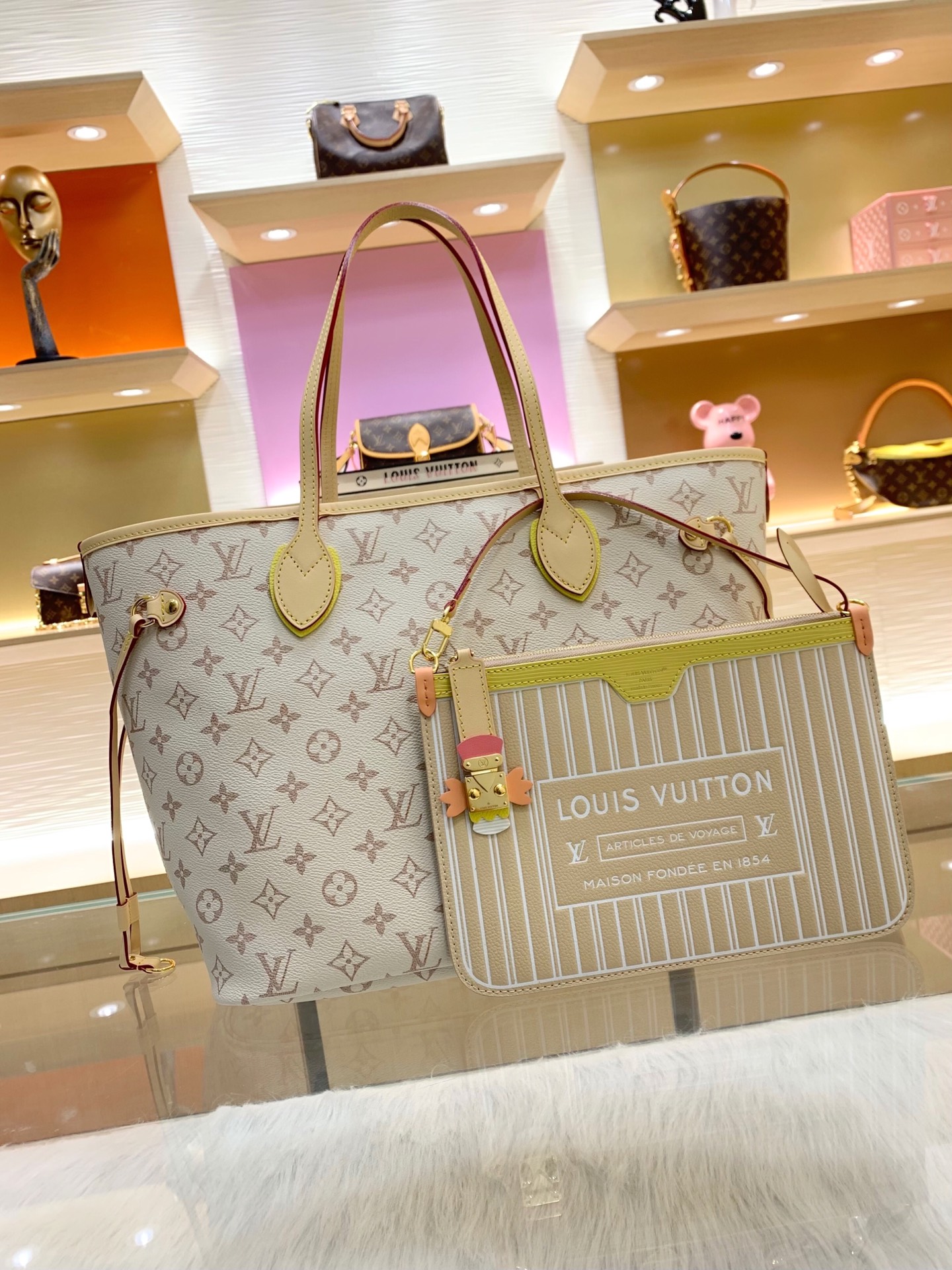 LV 高仿Neverfull托特包 米白老花大容量手提包附收納包