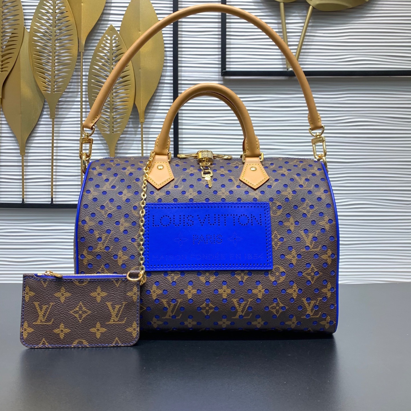 LV A貨 Speedy Monogram 藍色鏤空老花手提包 大容量肩背包