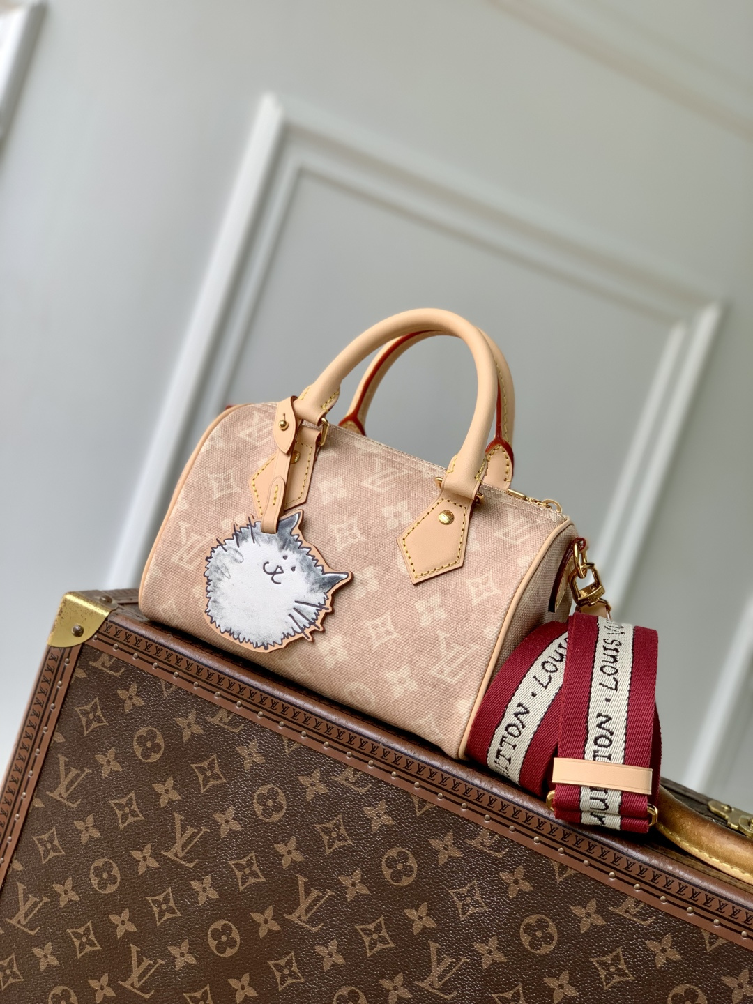 LV 高仿 Monogram 淺粉老花 Speedy 手提包 寬肩帶斜背女包