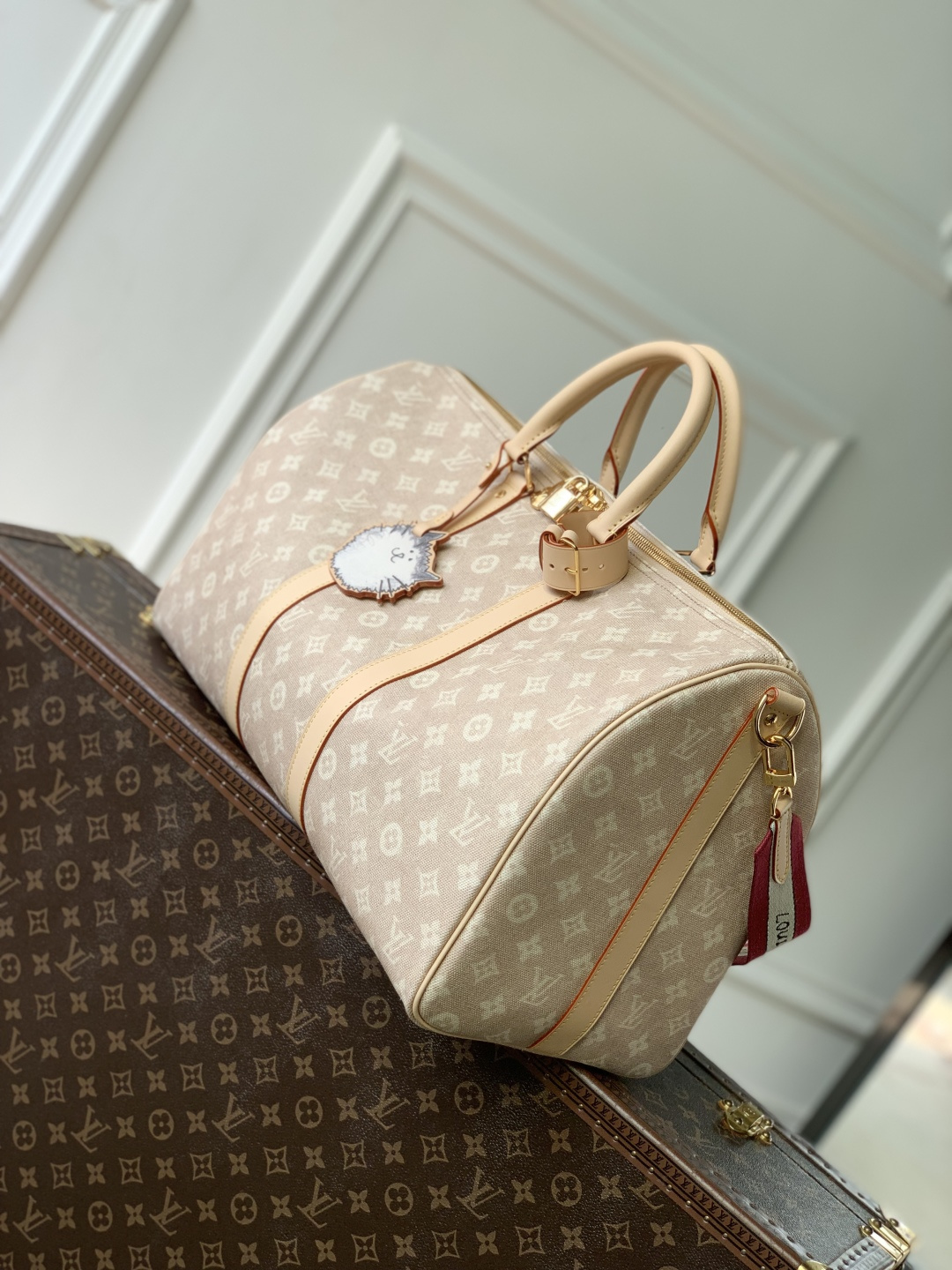 LV 原單 Keepall Monogram 淺粉老花旅行袋 大容量手提肩背包