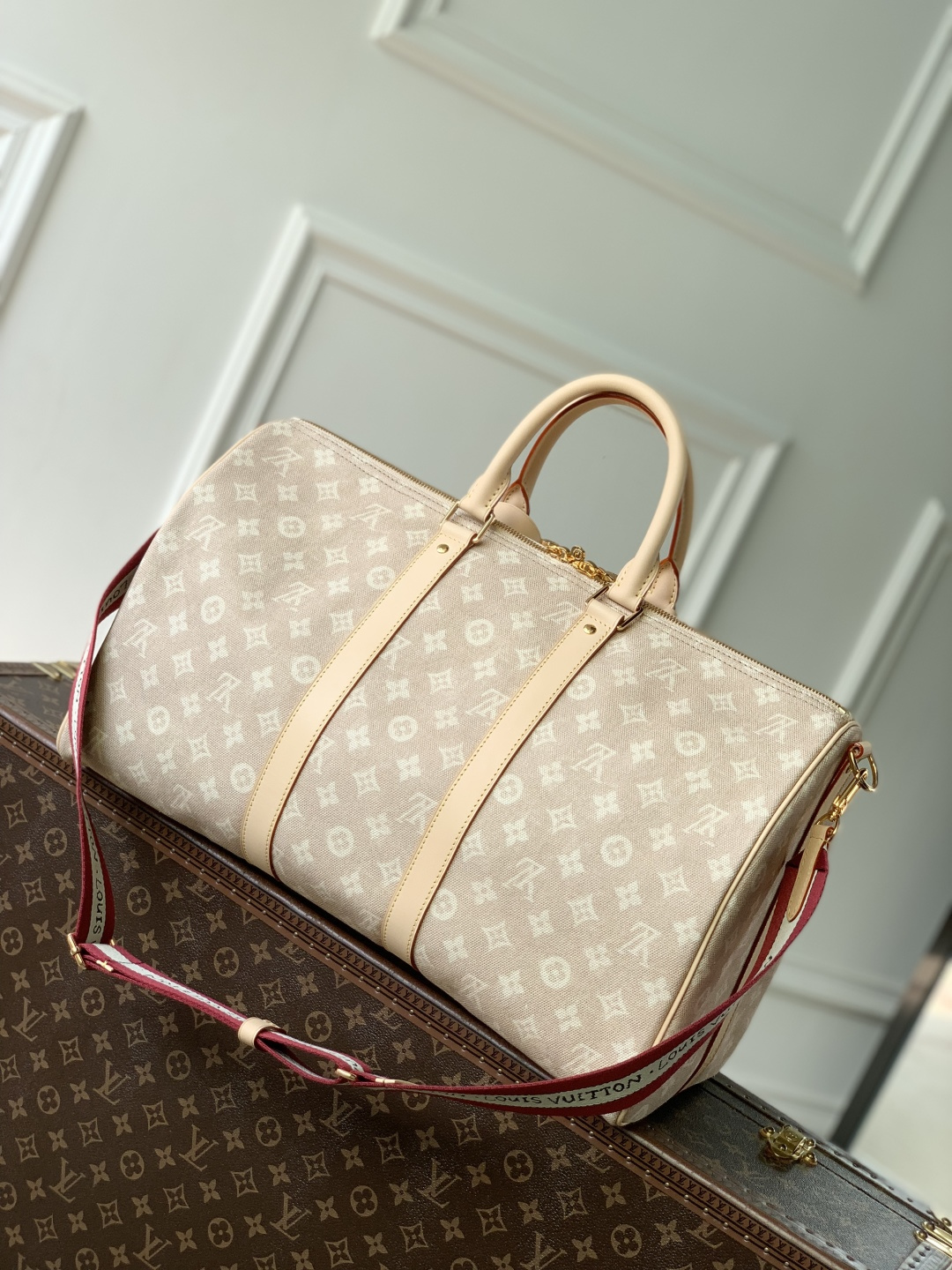 LV 原單 Keepall Monogram 淺粉老花旅行袋 大容量手提肩背包