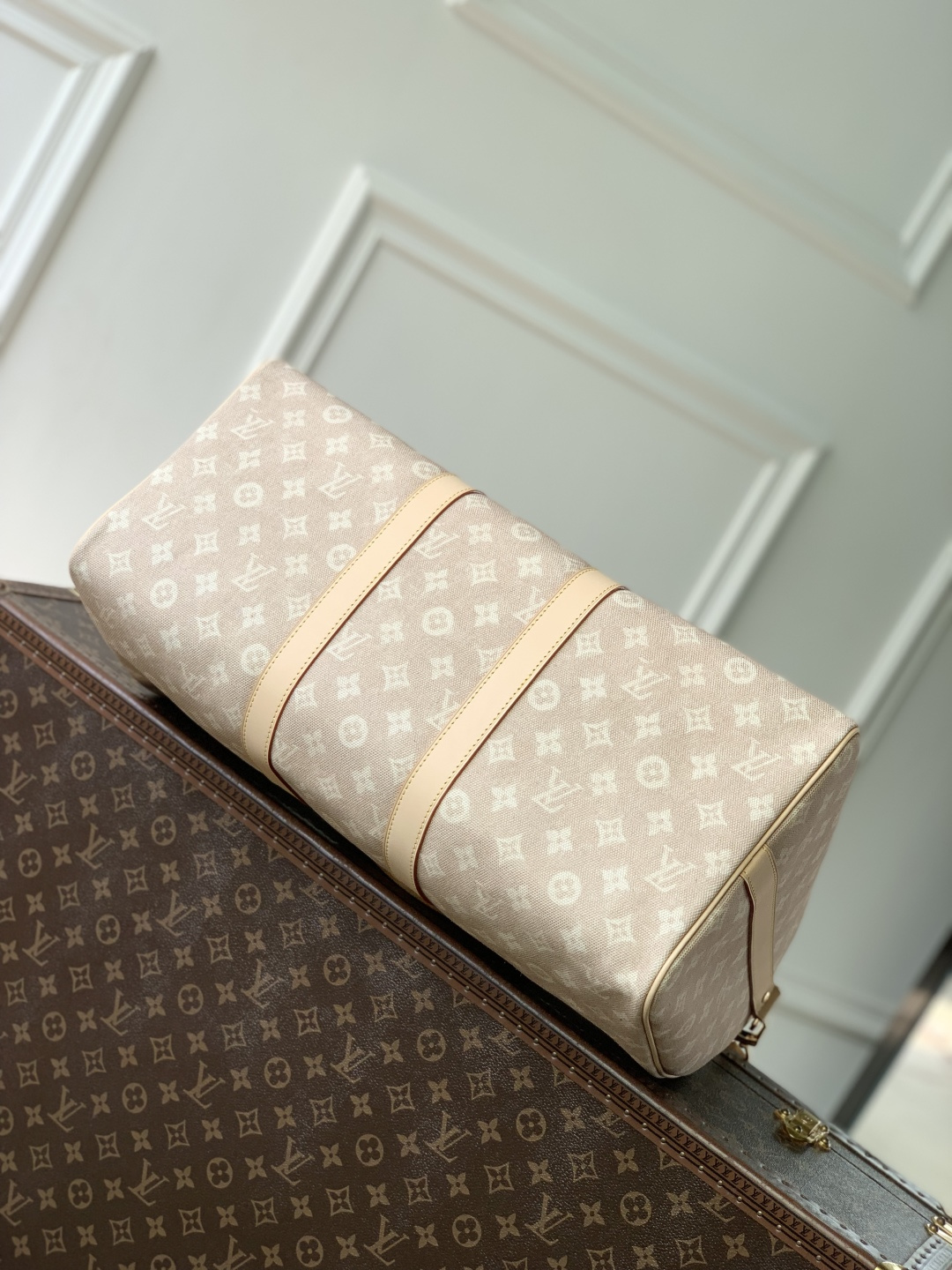 LV 原單 Keepall Monogram 淺粉老花旅行袋 大容量手提肩背包